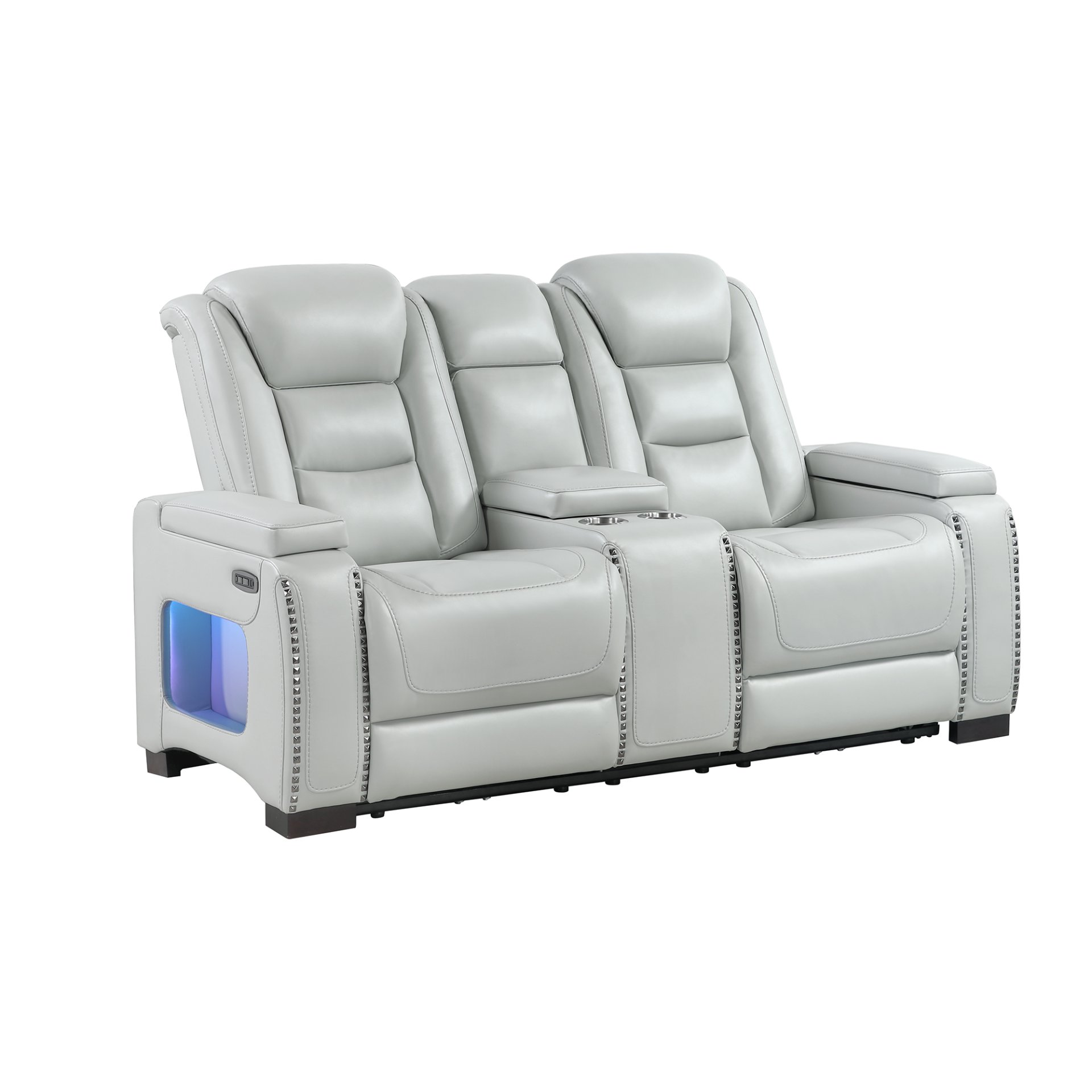 Power Sofa And Loveseat With Power Headrest, USB, LED, Bookshelf Arms, And Drop Down Table - Grey - Image 8