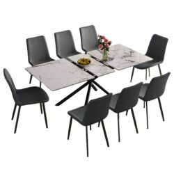 Expandable Dining Table With Retractable Leaf, 4 - 8 Person Set With 8 Chairs - Black