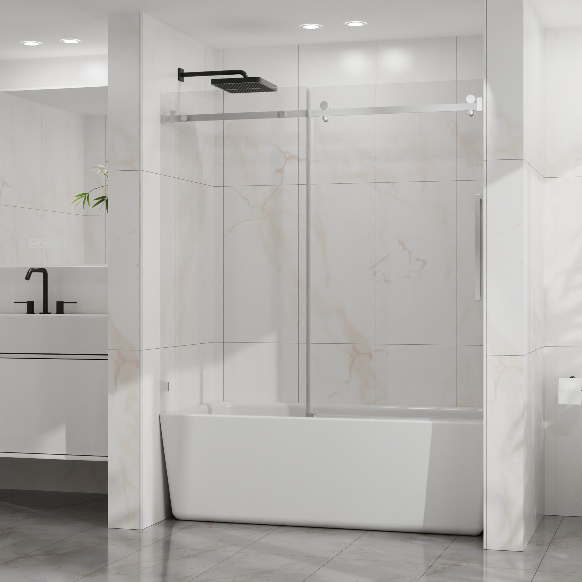 Frameless Bathtub Door, Sleek Silent Sliding Glass Door, Tempered Glass - Chrome - Image 8