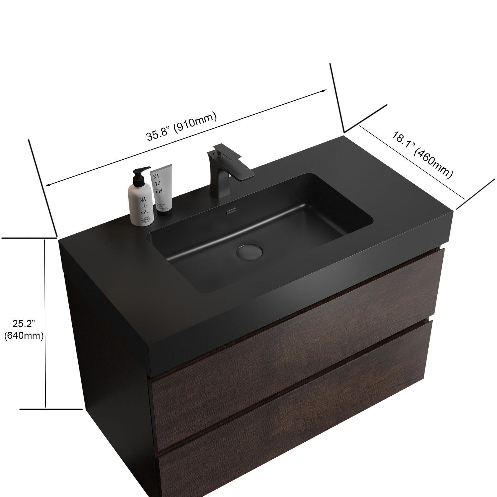 Alice - 36" Bathroom Vanity With Sink, Large Storage Wall Mounted Floating Bathroom Vanity For Modern Bathroom, One-Piece Sink Basin Without Drain And Faucet - Walnut / Black - Image 3