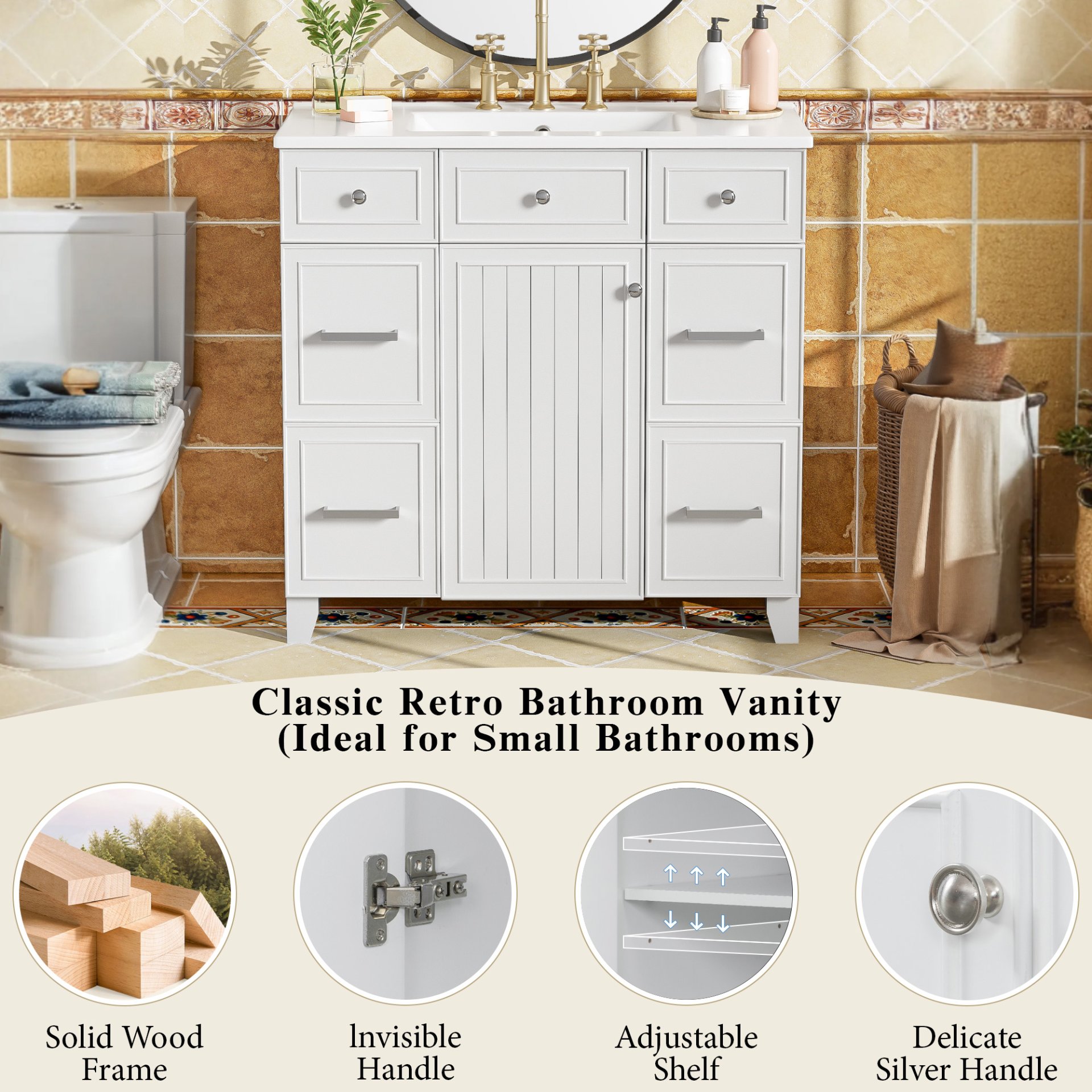 36" Bathroom Vanity With Sink, Soft Close Doors, And Adjustable Shelves Solid Frame - White - Image 7