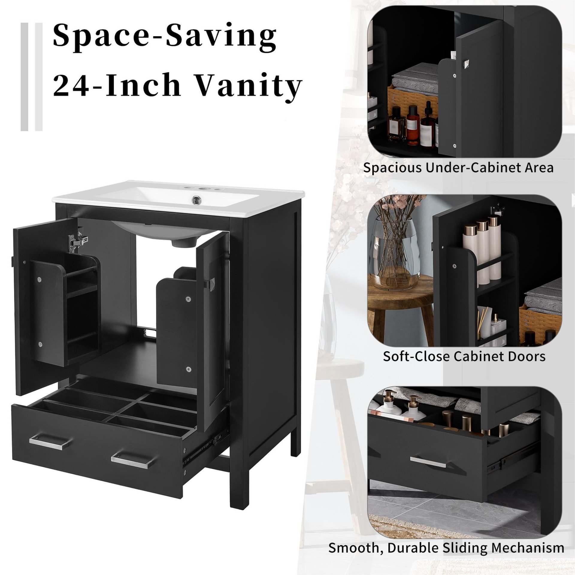 Bathroom Vanity With Integrated Undermount Sinks, Soft Close Doors, Divided Drawer, And Double Layer Door Shelf - Black - Image 10