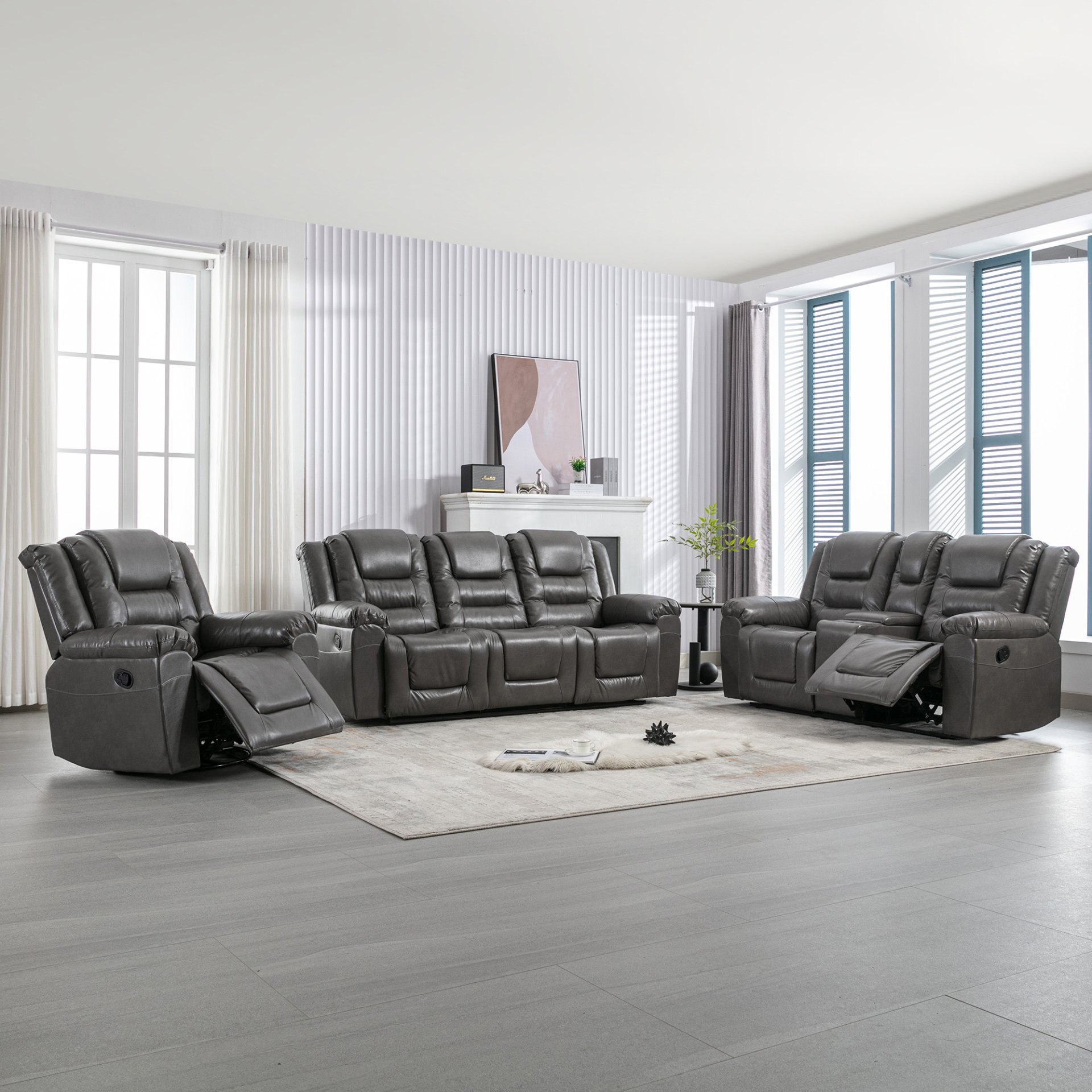 Home Theater Recliner Set Manual Recliner Chair With Wide Armrest, Two Built-In Cup Holders For Living Room - Gray - Image 14