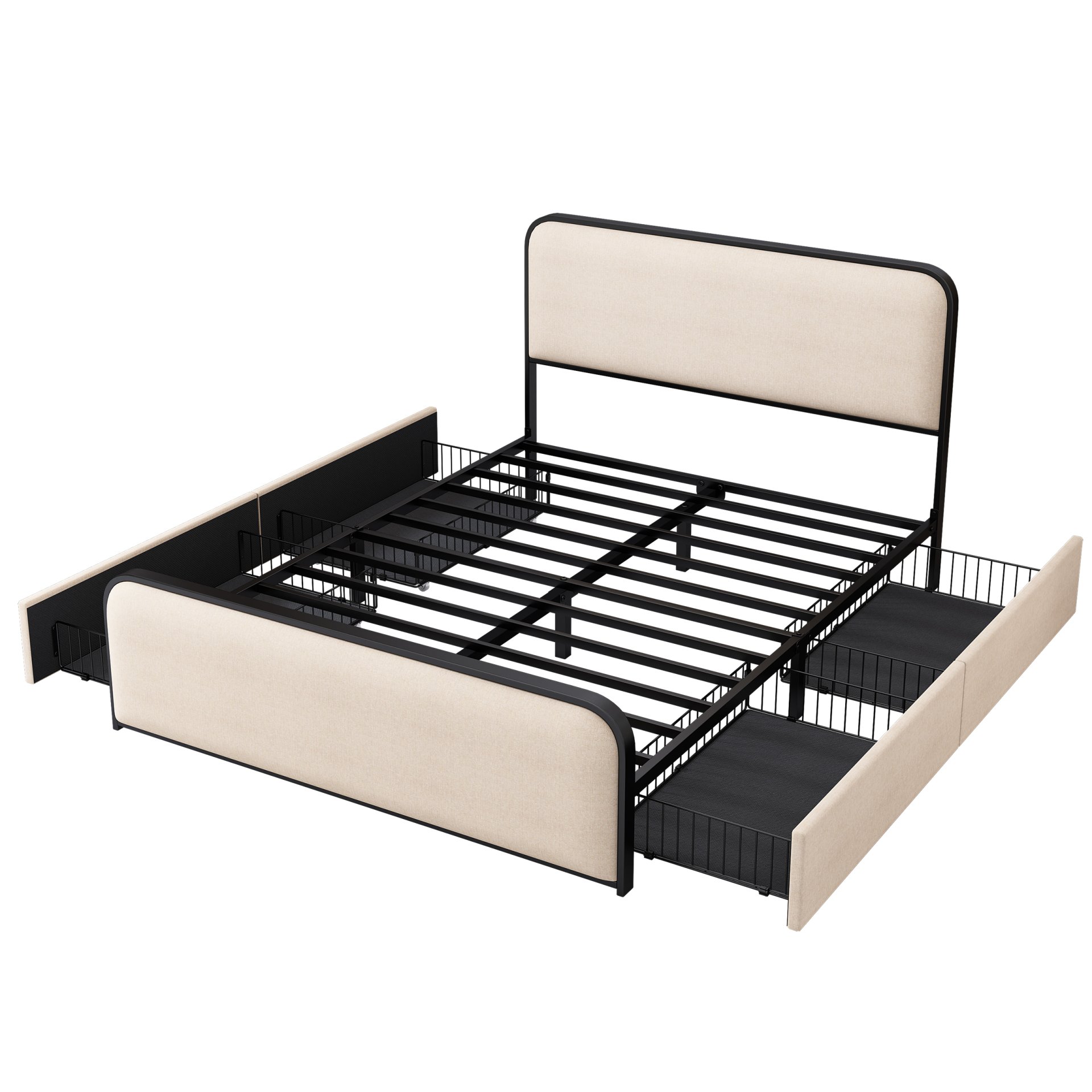 Modern Metal Bed Frame With Curved Upholstered Headboard And Footboard Bed With 4 Storage Drawers, Heavy Duty Metal Slats, Queen Size - Beige - Image 10