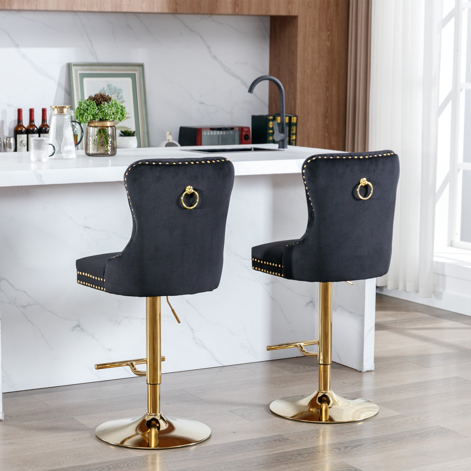 Thick Golden Swivel Velvet Barstools Adjusatble Seat Height From 27-35", Modern Upholstered Bar Stools With Backs Comfortable Tufted For Home Pub And Kitchen Island (Set of 2) - Black - Image 18