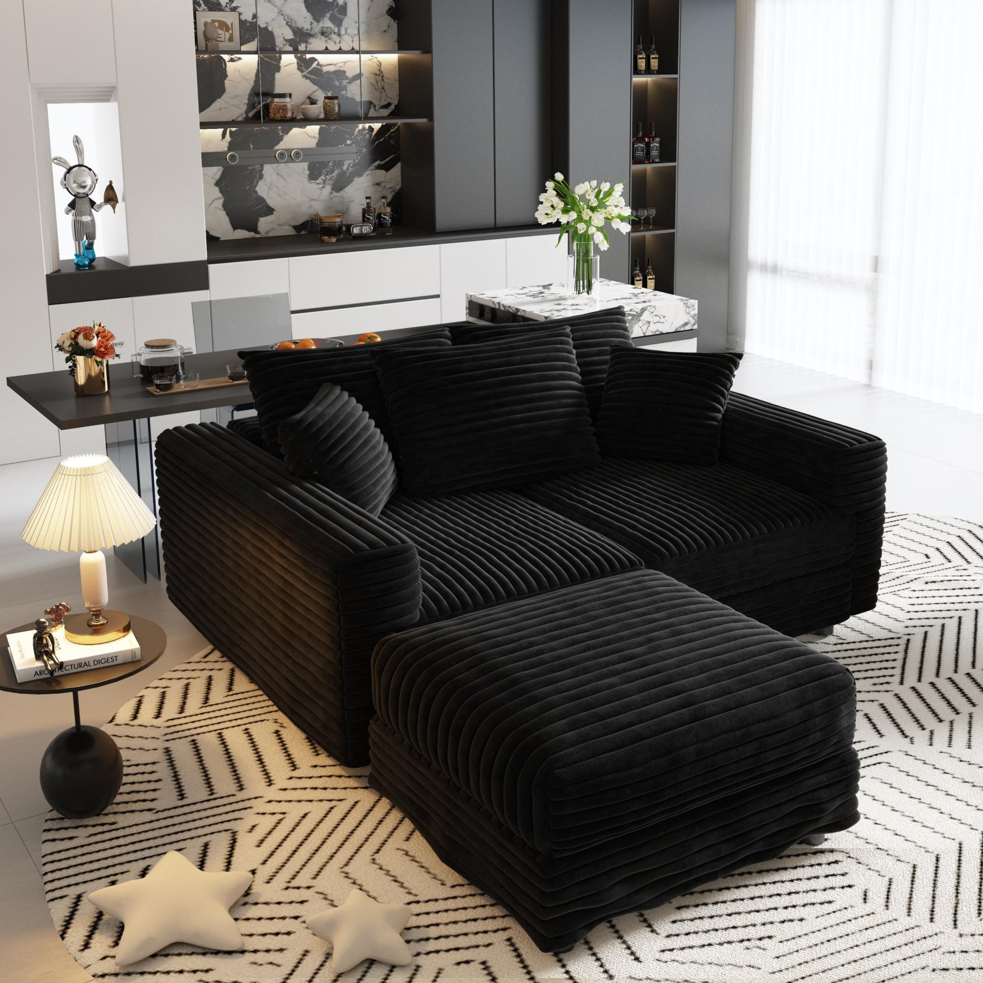 3 Seat Sofa, Deep Seat Couches With Soft Pillows And 1 Ottomans, Convertible Sofa Lounge Chair, For Living Room - Black - Image 16