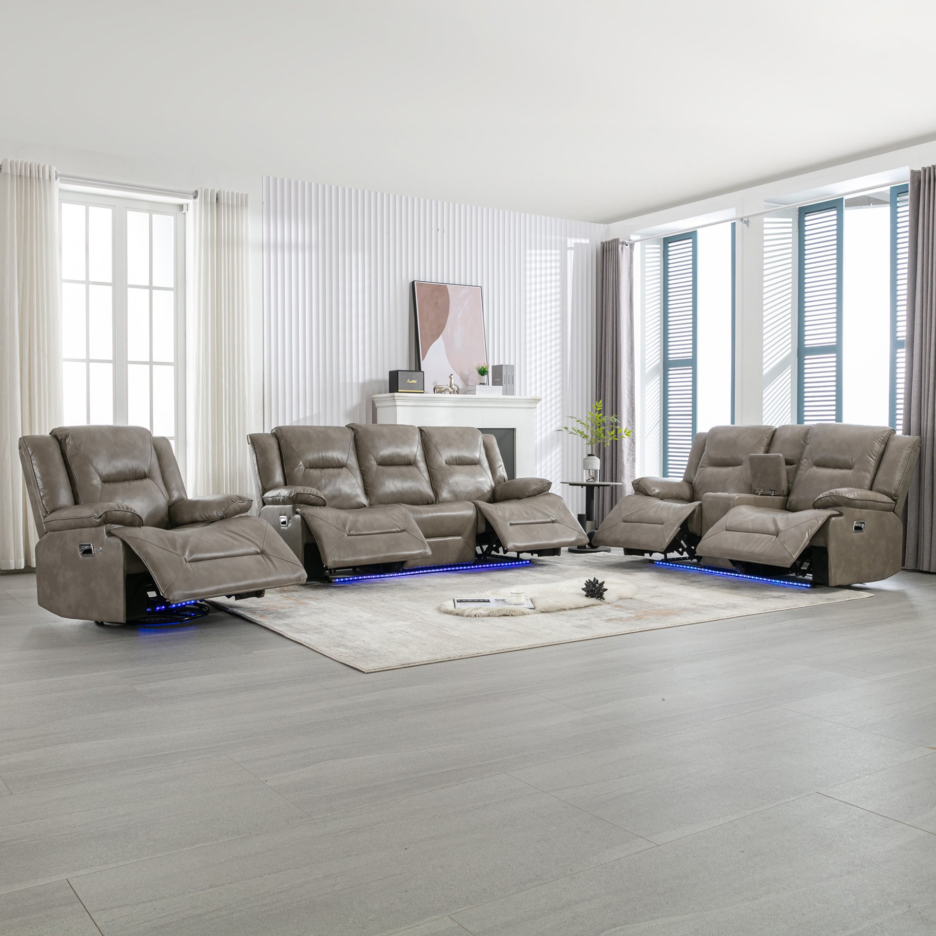 Home Theater Recliner Set Manual Recliner Chair With A Led Light Strip Two Built-In Cup Holders For Living Room - Gray - Image 2