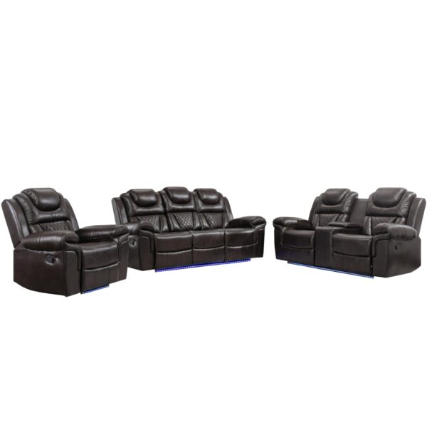 3 Pieces Recliner Sofa Sets Home Theater Seating Manual Recliner Chair With Center Console And Led Light Strip For Living Room - Brown
