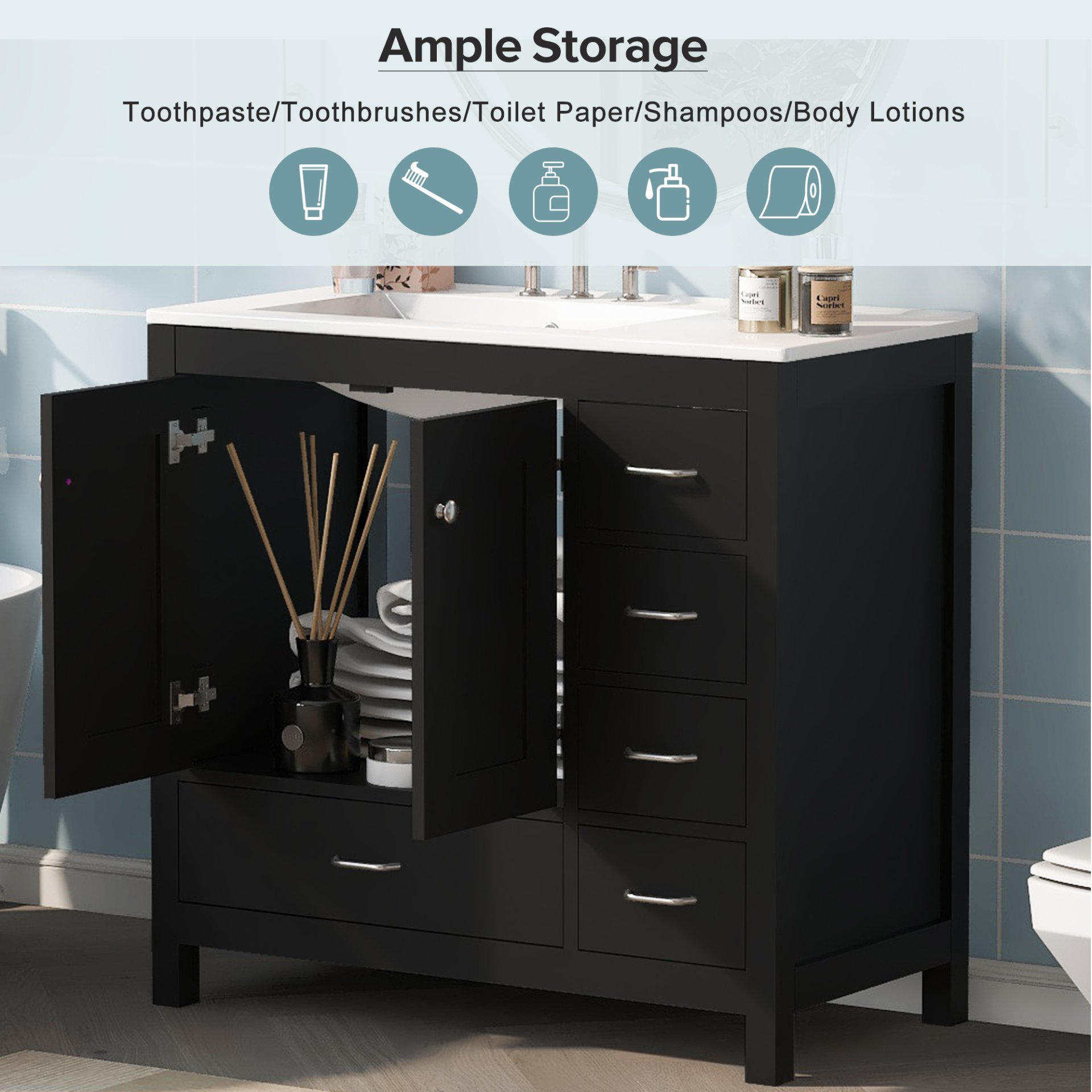 Bathroom Vanity With Ceramic Sink Combo, Abundant Storage Cabinet 2 Soft Close Doors And 5 Drawers - Black - Image 8