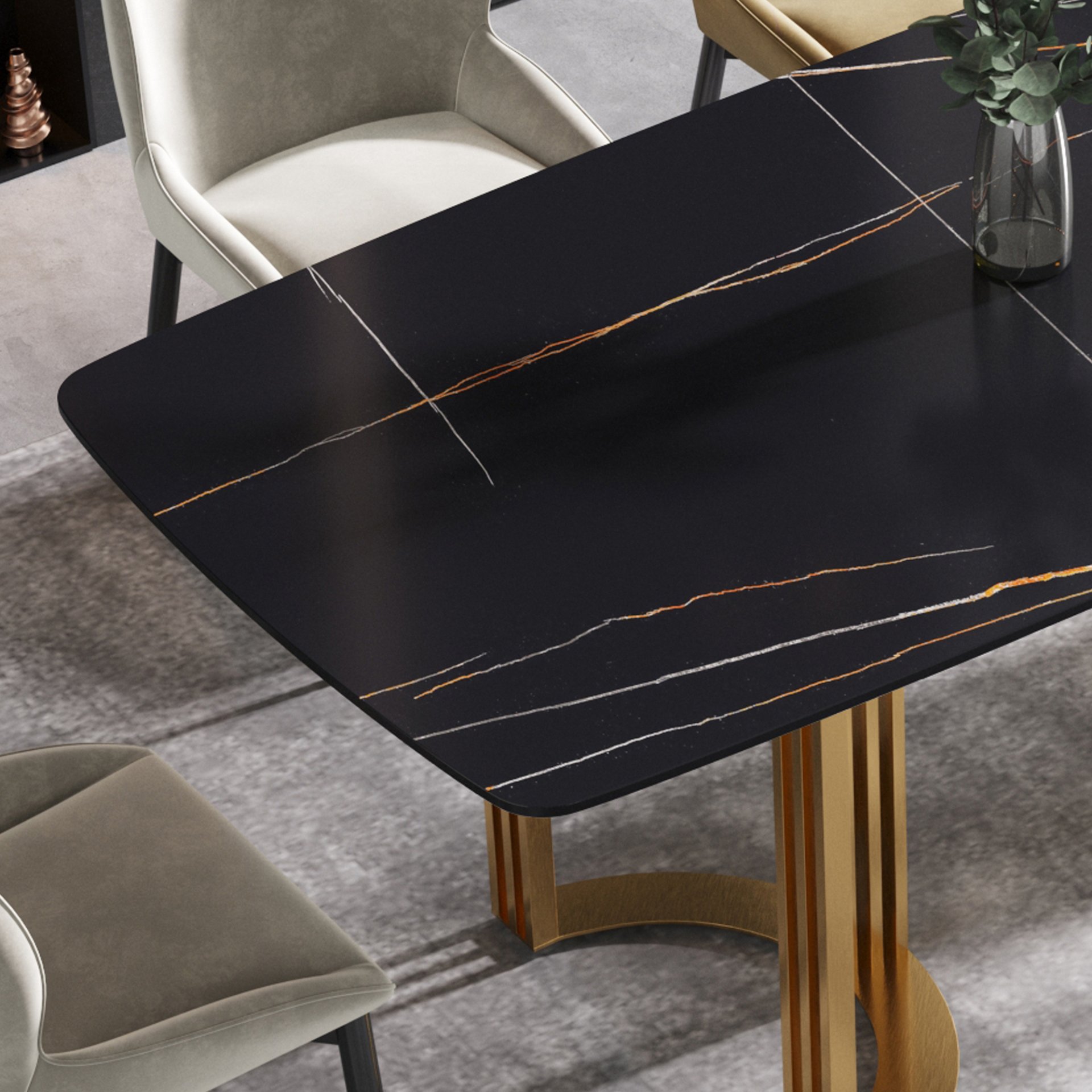 63" Modern Artificial Stone Curved Golden Metal Leg Dining Table, 6 People - Black / Gold - Image 7