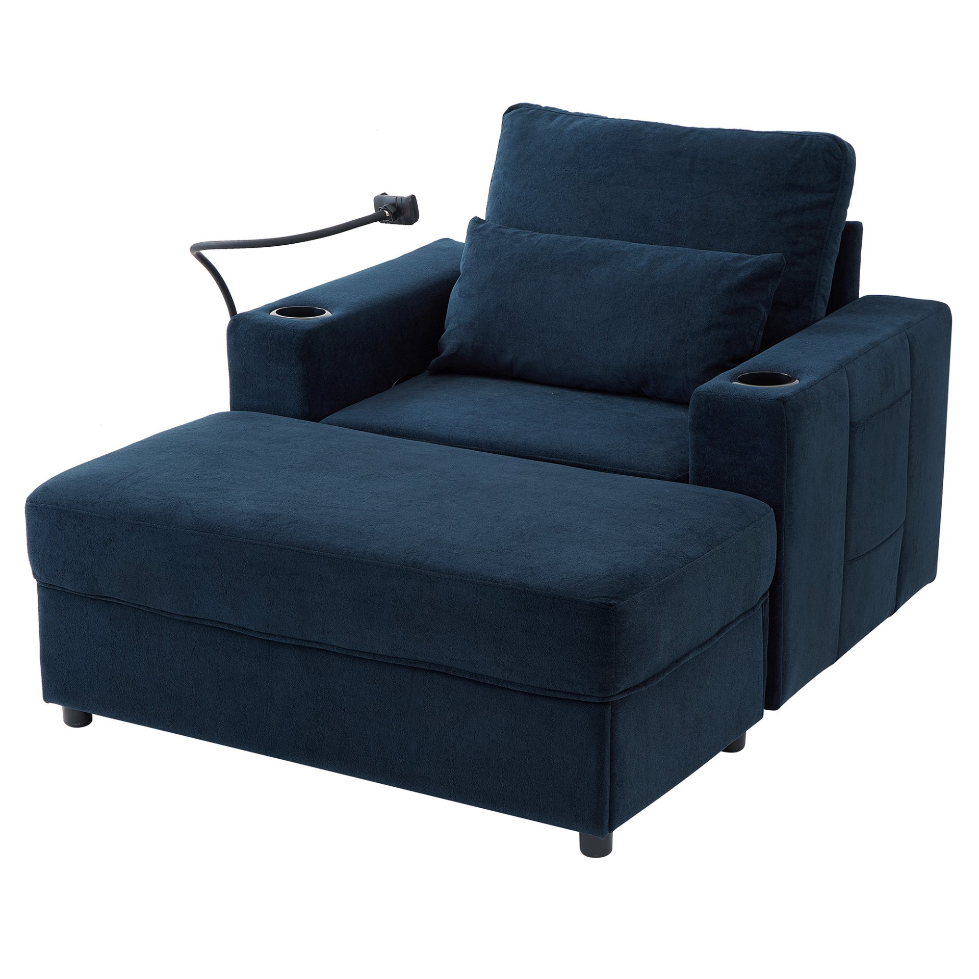 Modern Style Armchair Chaise Lounge Sofa Couch With Movable Storage Ottoman, USB Ports, Cup Holders, Phone Holder, Side Pockets - Blue - Image 17