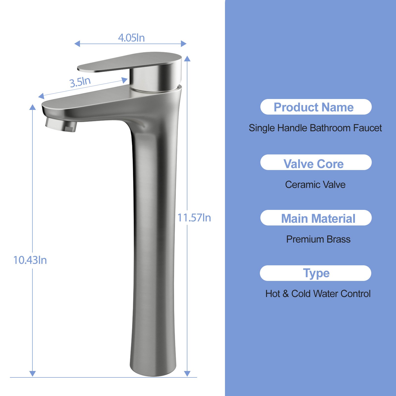 Single Handle Vessel Sink Faucet With Tall Spout For Bathroom Vanity - Brushed Nickel - Image 3