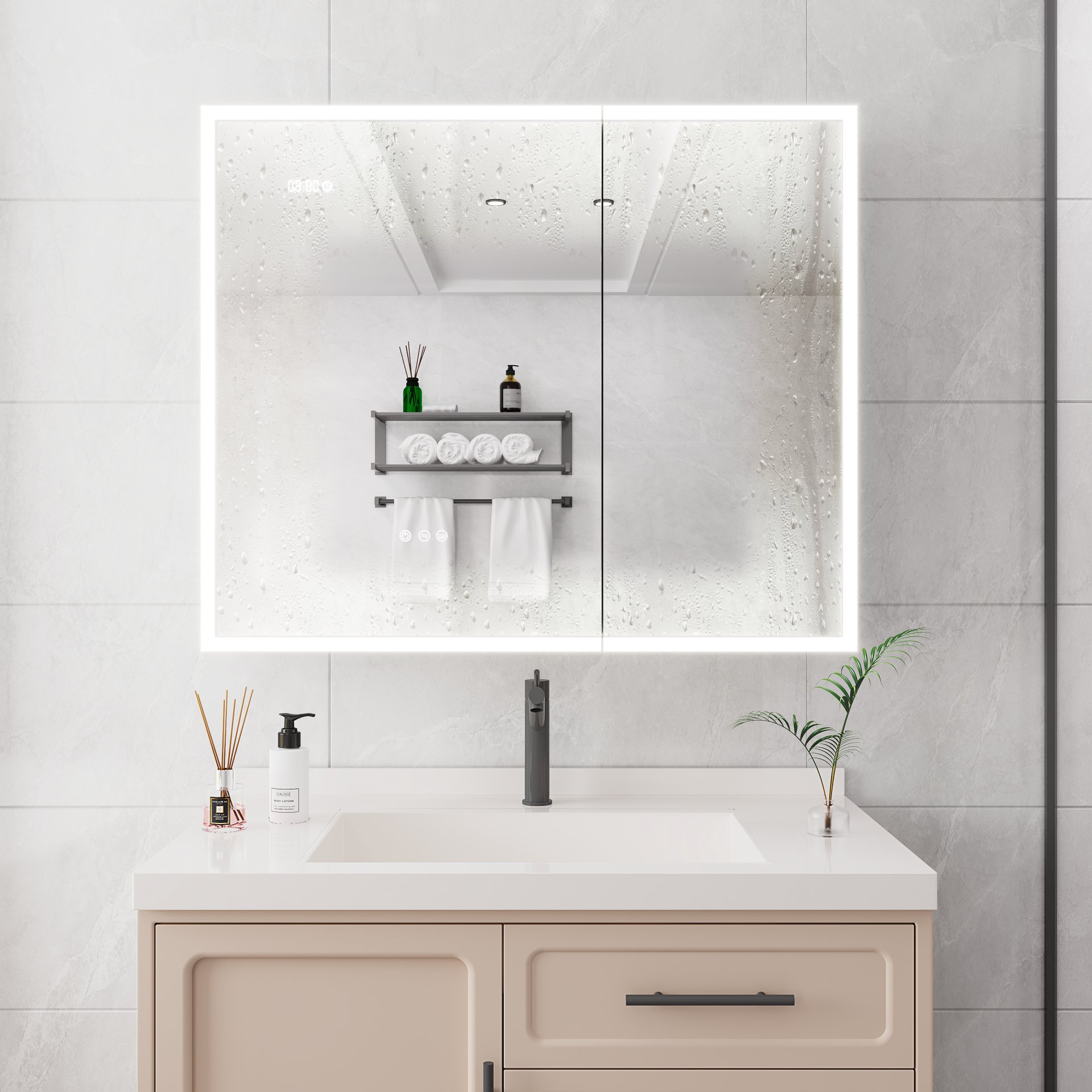 Bathroom Medicine Cabinet With Lights, LED Medicine Cabinet With Mirror, Double Door Lighted Medicine Cabinet With Defogger, Dimmer, Clock & Temp Display, 2 Outlets & USB Ports - Silver - Image 6