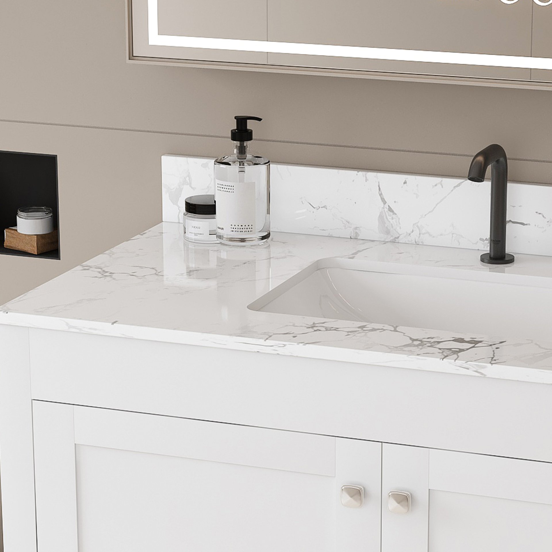 43" Bathroom Vanity With Artificial Marble Carrara Top Set, Multi Functional Cabinet With Doors And Drawer - White - Image 10