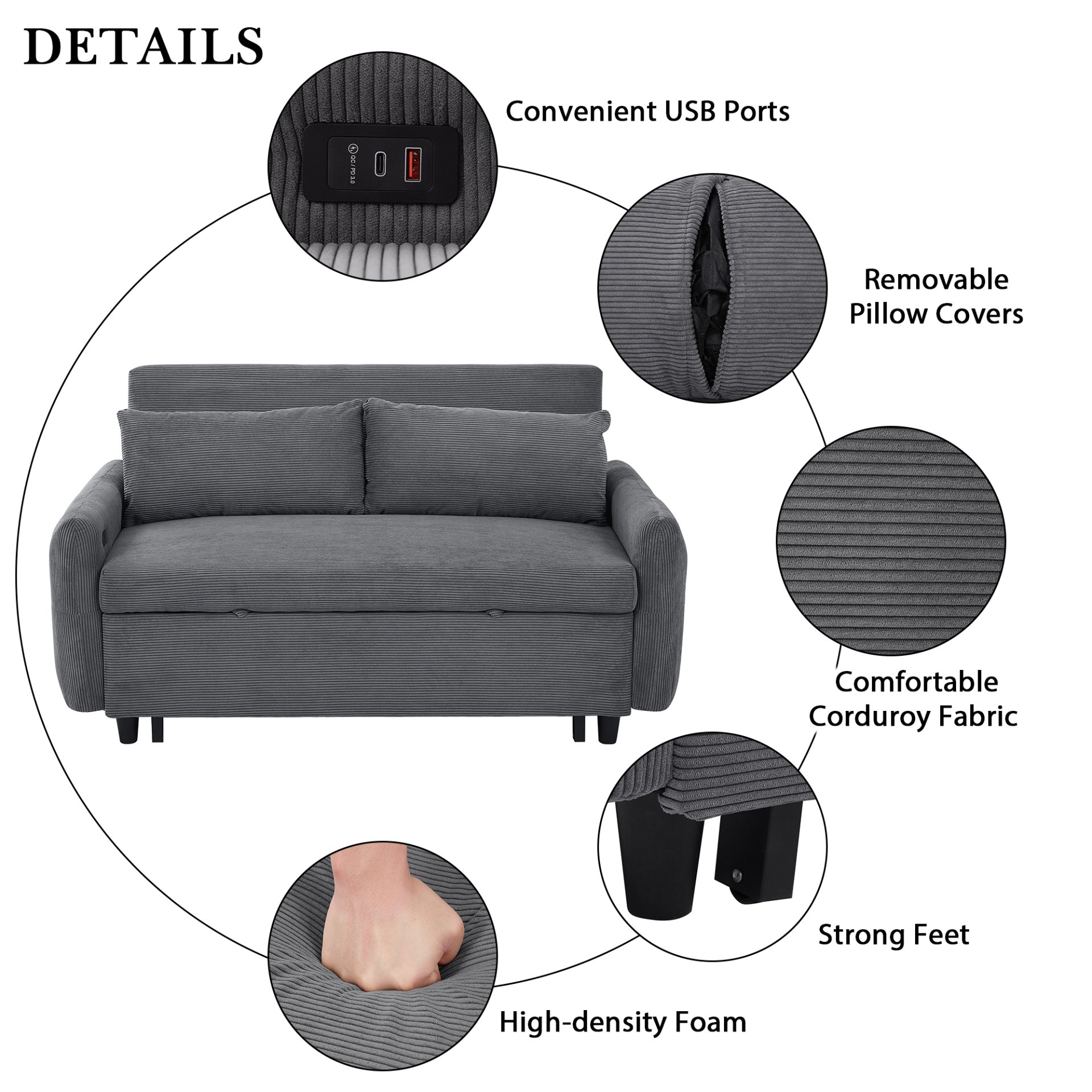 Pull Out Sofa Bed Convertible Couch 2 Seat Loveseat Sofa Modern Sleeper Sofa With 2 Throw Pillows And USB Ports For Living Room - Dark Gray - Image 6