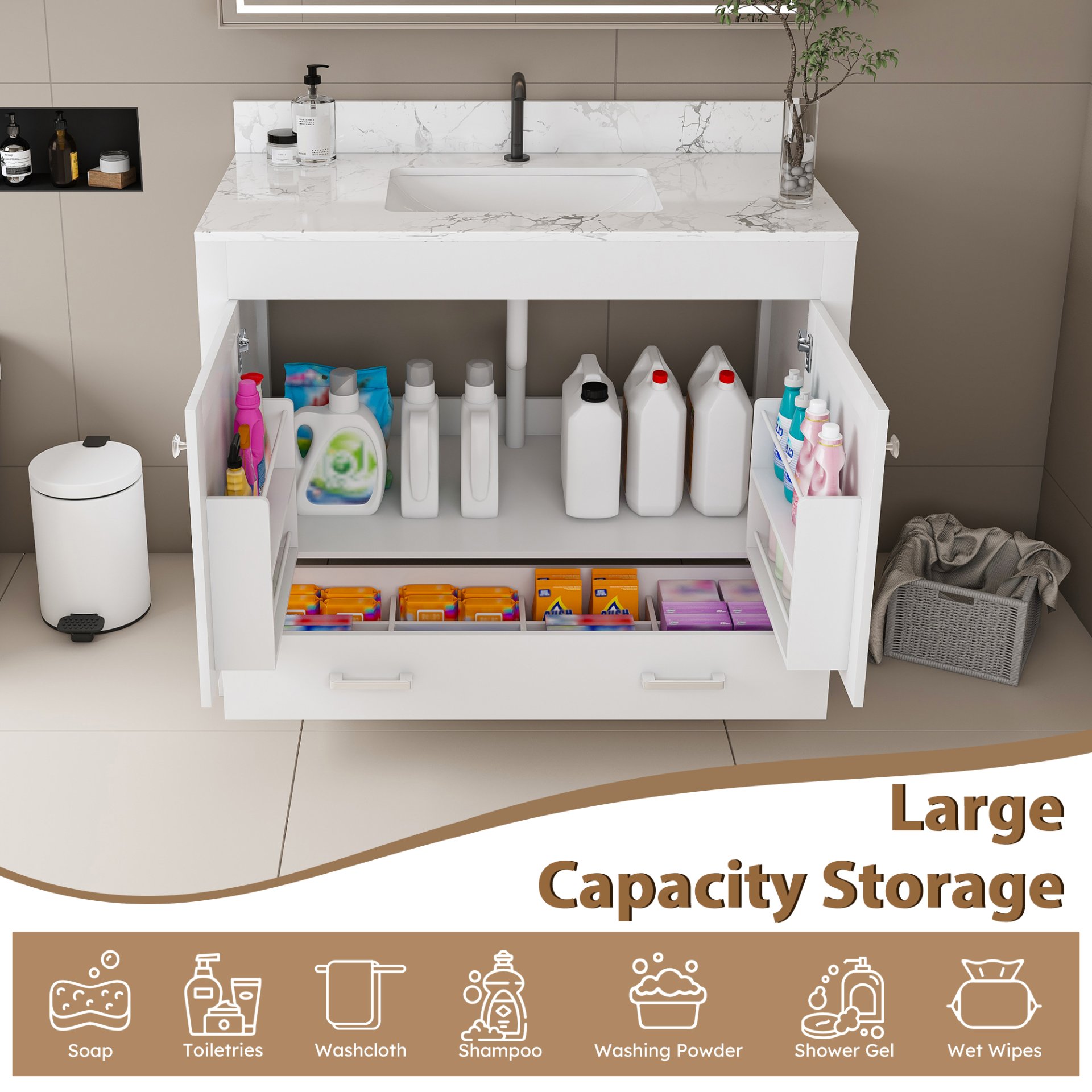 43" Bathroom Vanity With Artificial Marble Carrara Top Set, Multi Functional Cabinet With Doors And Drawer - White - Image 8