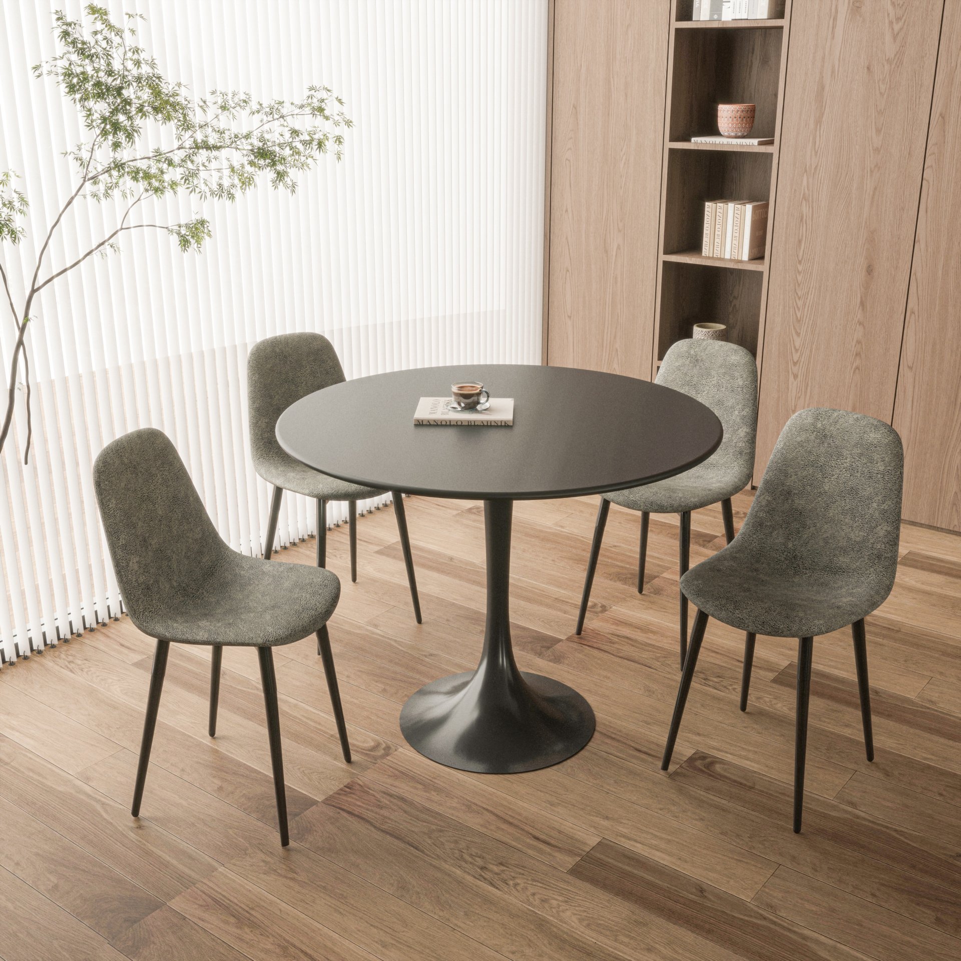 Modern Dining Table Set For 4 With Suede Upholstered Chairs, Round Design - Black / Gray - Image 2