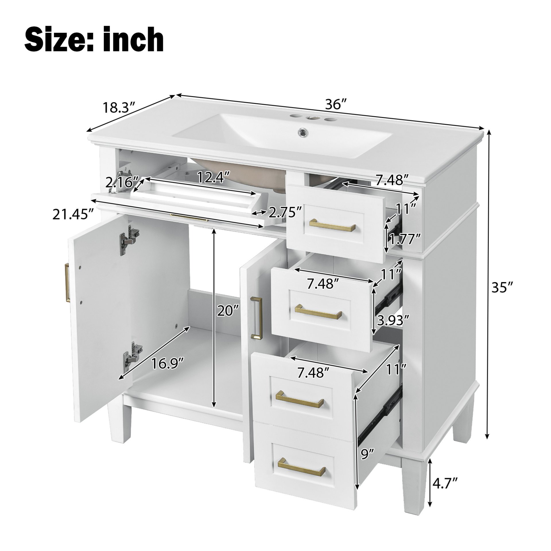 Bathroom Vanity With Sink, Soft Close Doors, And Storage Drawers, 36" - White - Image 4