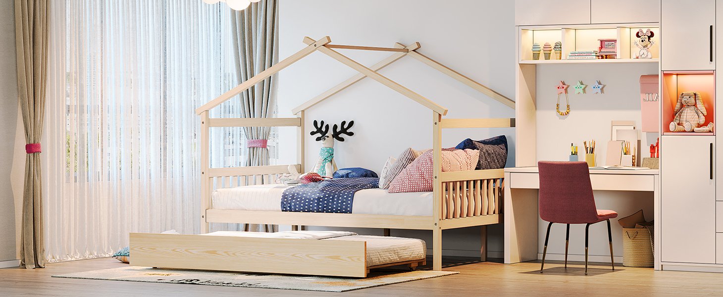 Full Size Classic House Bed With Twin Size Trundle - Natural - Image 12