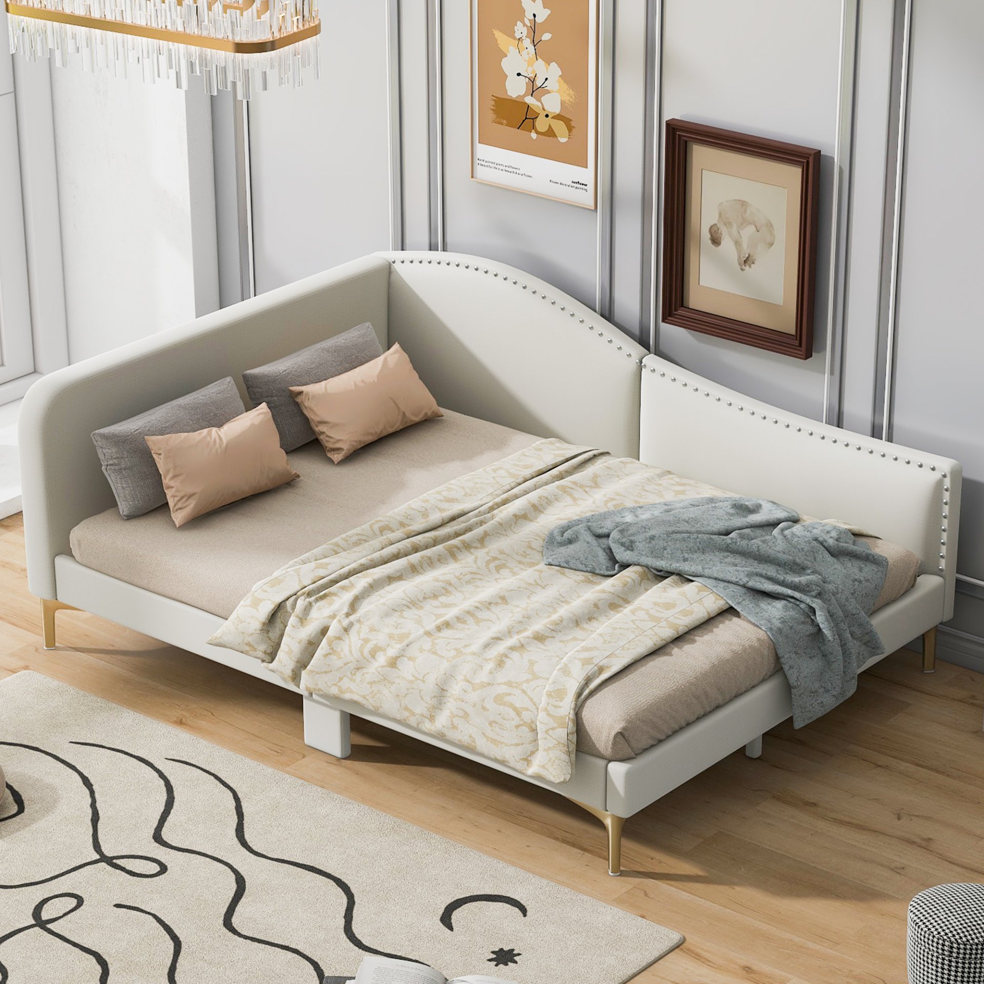 Full Size Upholstered Daybed With Headboard And Armrest, Support Legs - Beige - Image 2