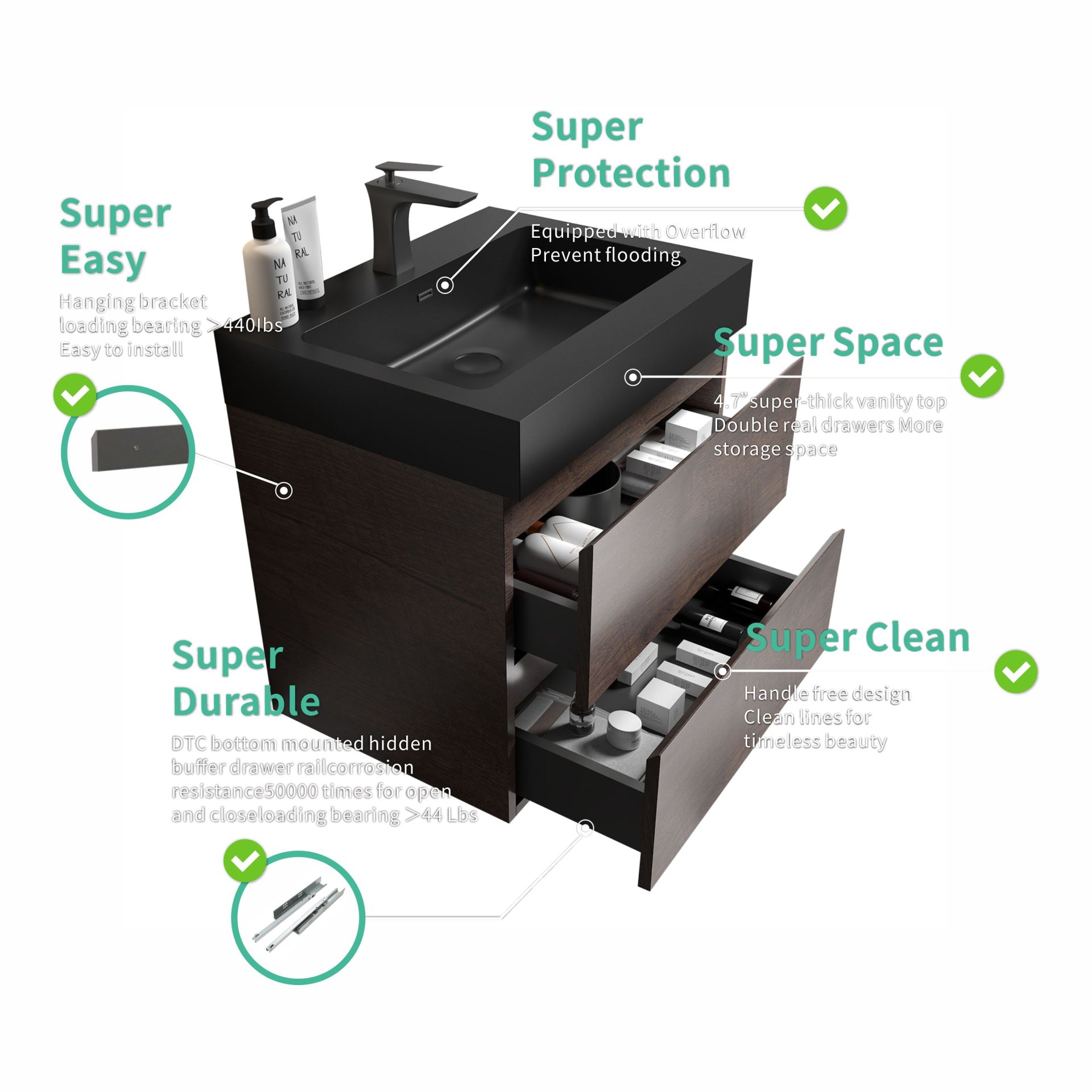 Alice - 24" Bathroom Vanity With Sink, Large Storage Wall Mounted Floating Bathroom Vanity For Modern Bathroom, One-Piece Sink Basin Without Drain And Faucet - Walnut / Black - Image 6