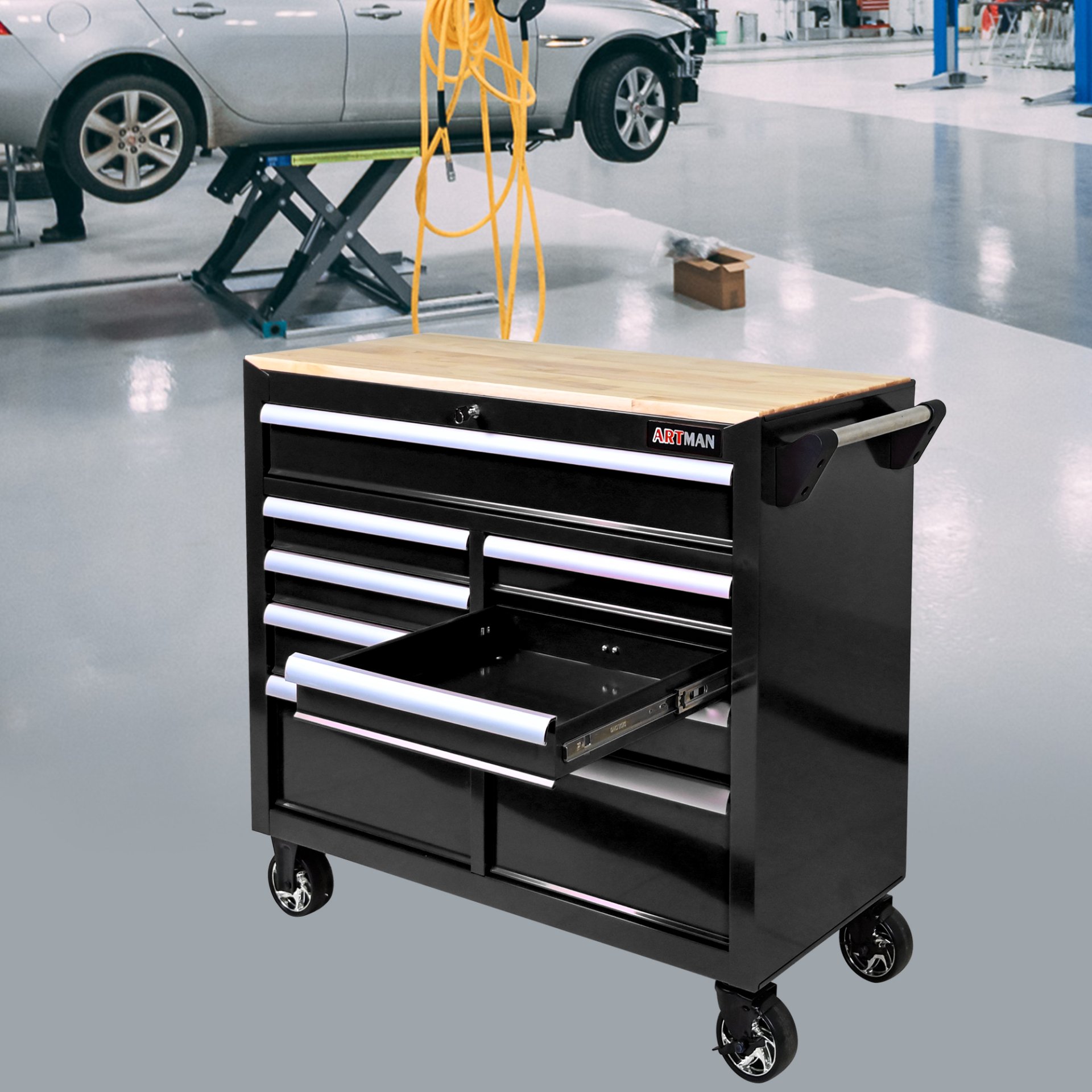 9 Drawer Multifunctional Steel Tool Cart With Wheels And Wooden Top - Black - Image 2