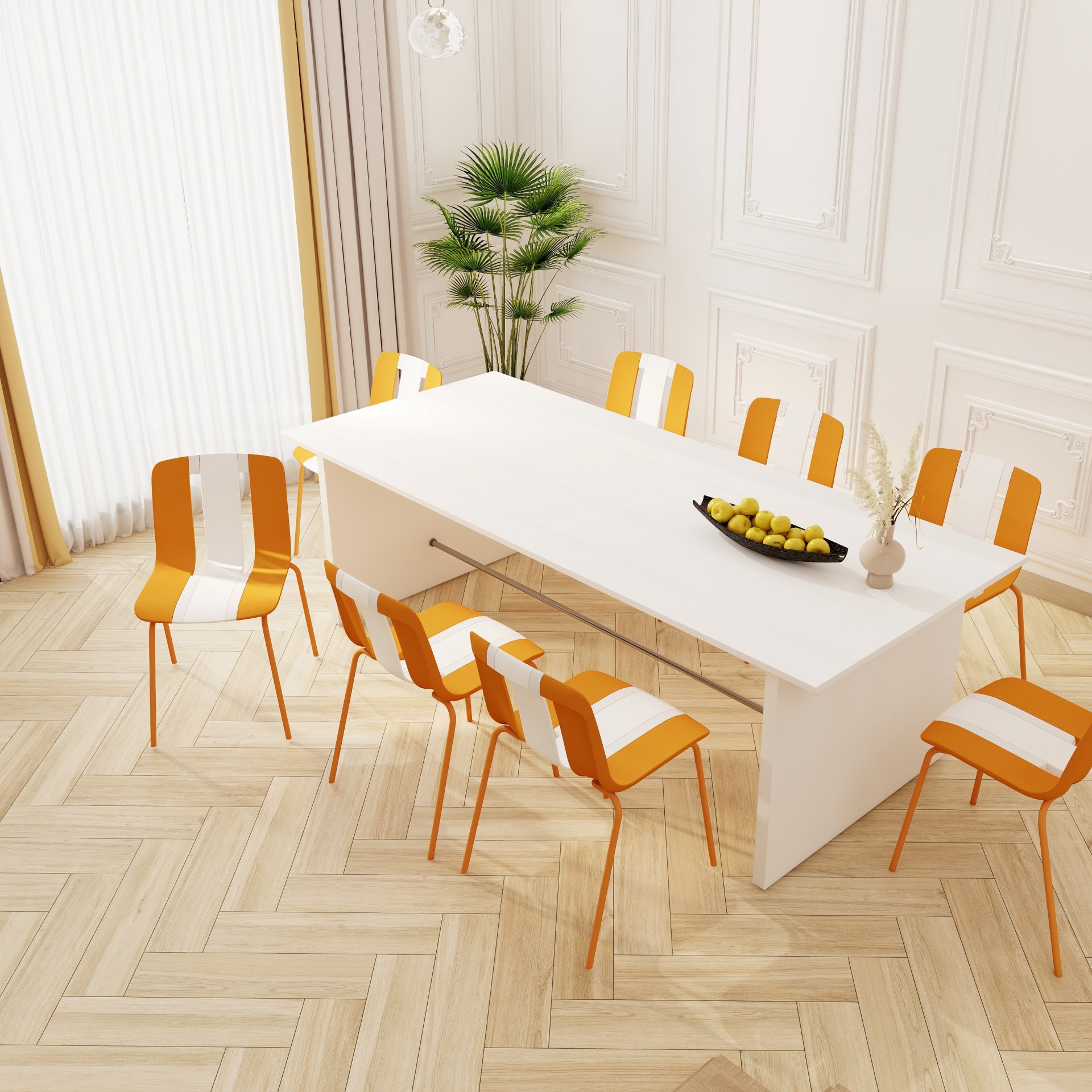 4 Piece Set Of Modern Striped Color Blocking Single Chairs, Waterproof And Fade Resistant - White / Orange - Image 5