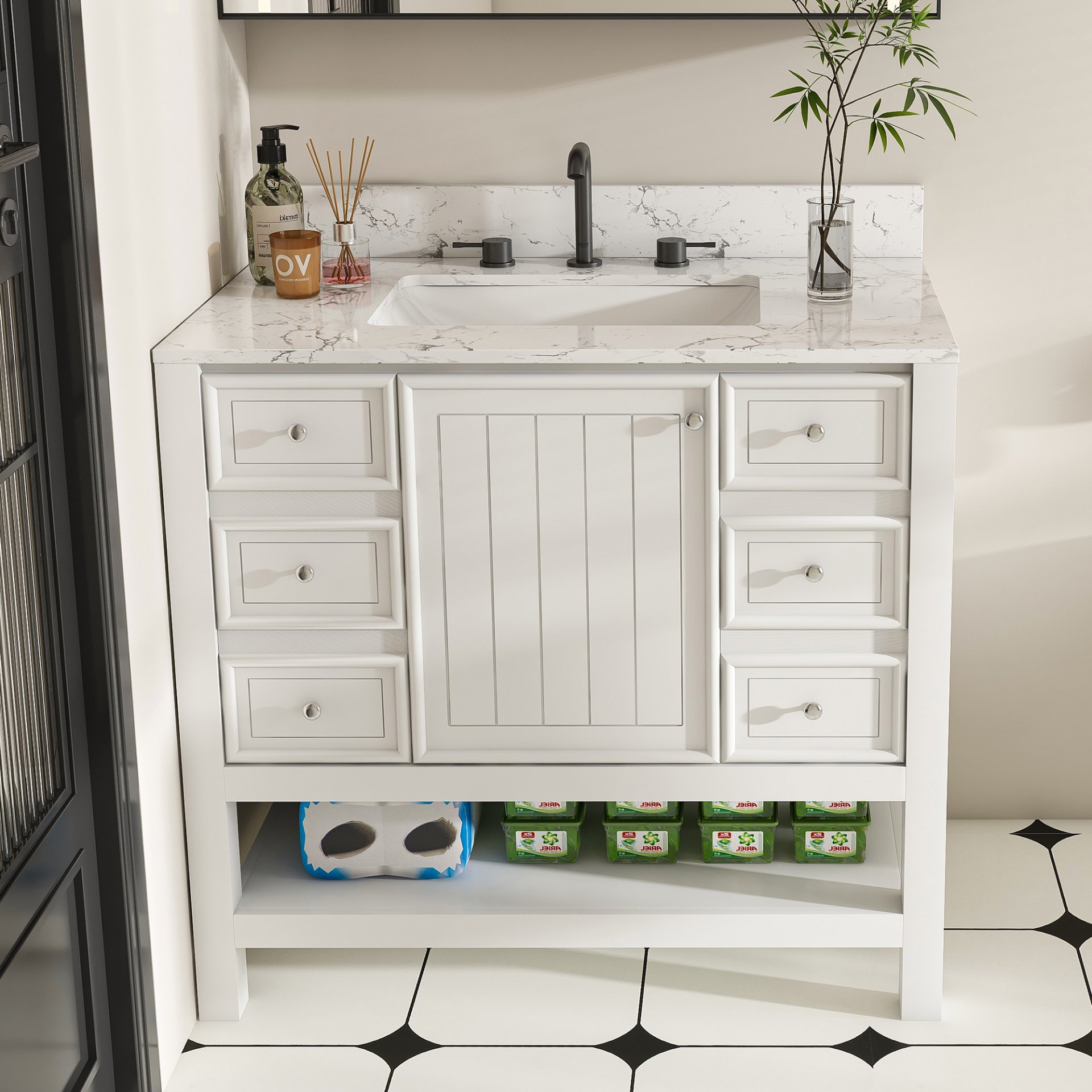 37" Bathroom Vanity With Artificial Marble Carrara Top, Multi Functional Cabinet With Doors And Drawer - White - Image 2