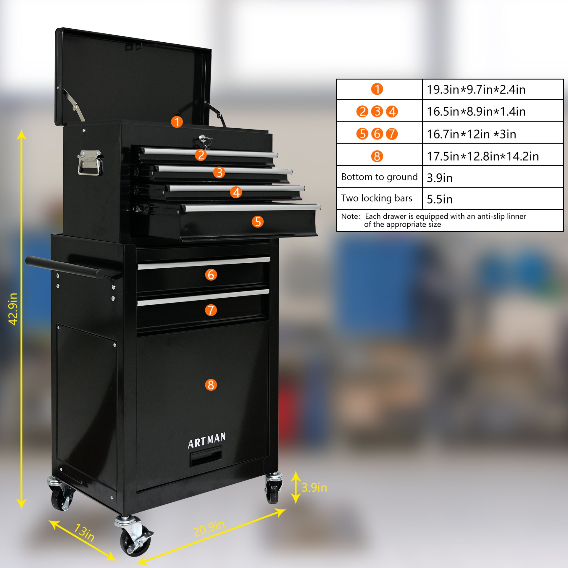 High Capacity Rolling Tool Chest With Wheels And Drawers, 6 Drawer Tool Storage Cabinet - Black - Image 9