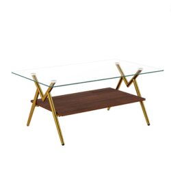 Rectangle Coffee Table With Tempered Glass Top And Golden Metal Legs, Modern Table For Living Room, Transparent Glass - Gold / Dark Brown