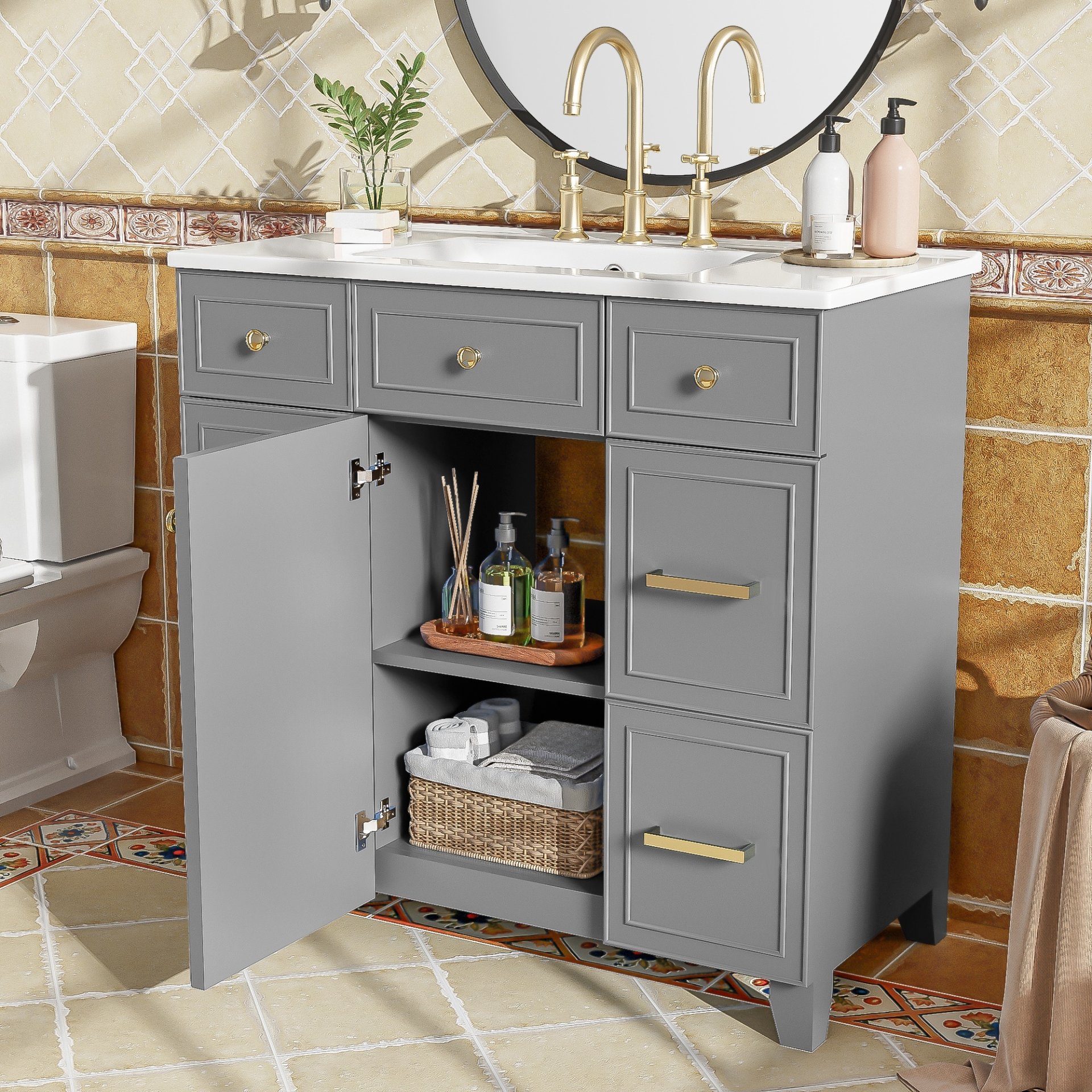 Bathroom Vanity With Sink, Soft Close Doors, Adjustable Shelves, 36" - Gray - Image 5