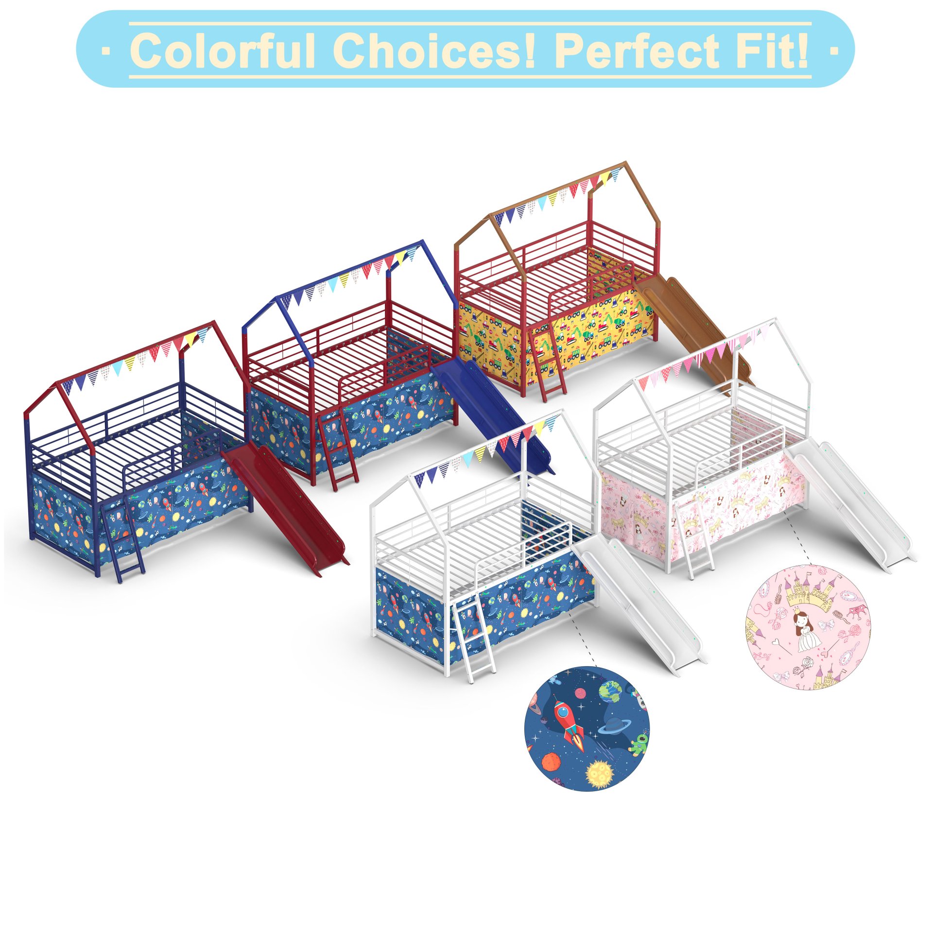 Jack - House Twin Loft Bed With Slide And Curtain Set, Superhero - Red / Blue - Image 2