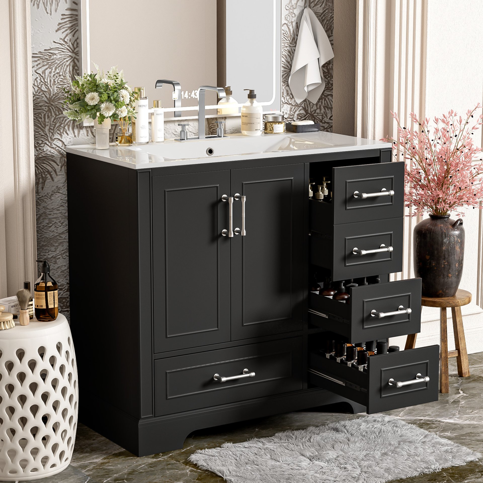 Traditional 36" Bathroom Vanity With Sink And Cabinet With Soft Close Doors And Drawers - Black - Image 5