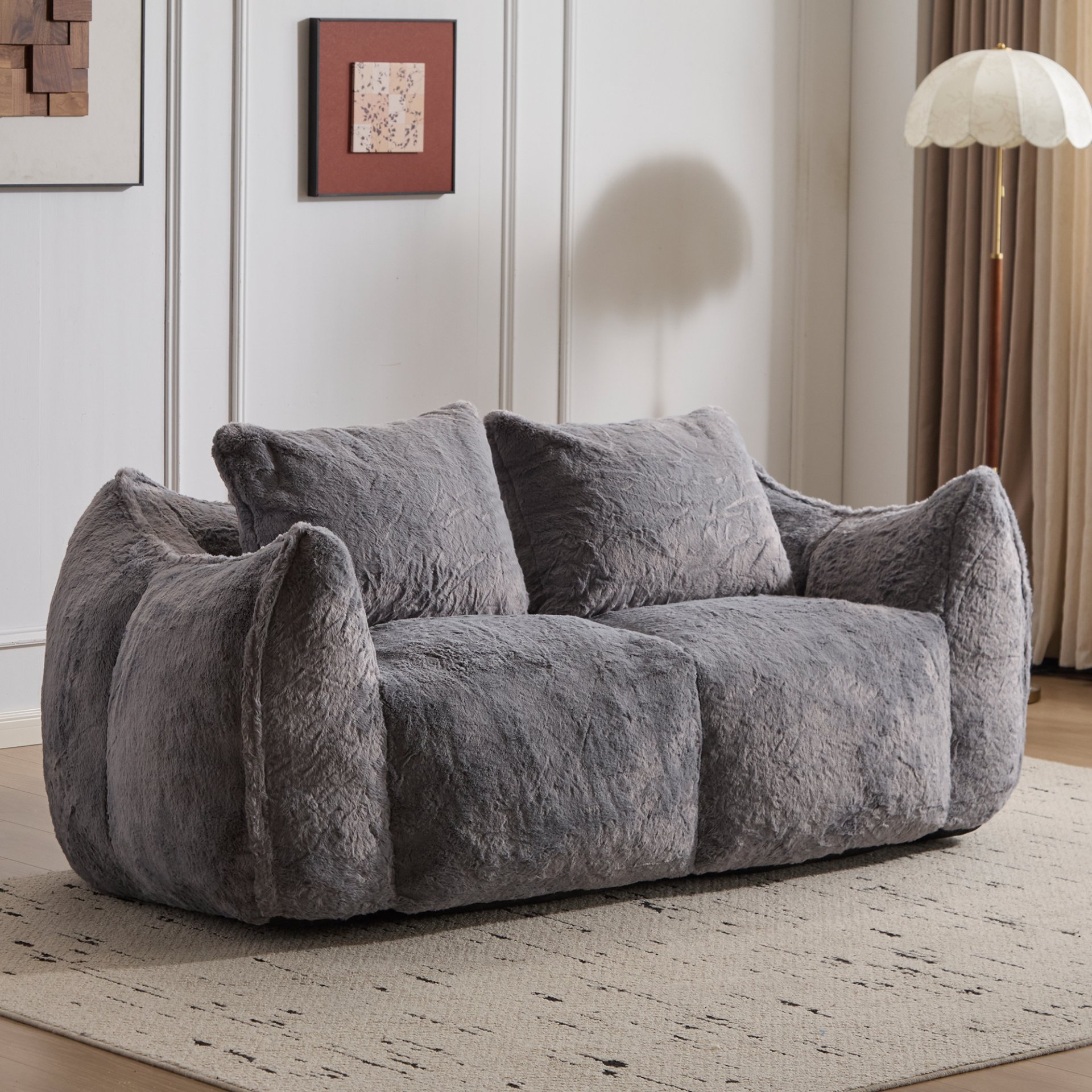 Giant Bean Bag Couch, Ultra Soft Fluffy Loveseat For Living Room Reading Chair With Pillows - Gray - Image 2