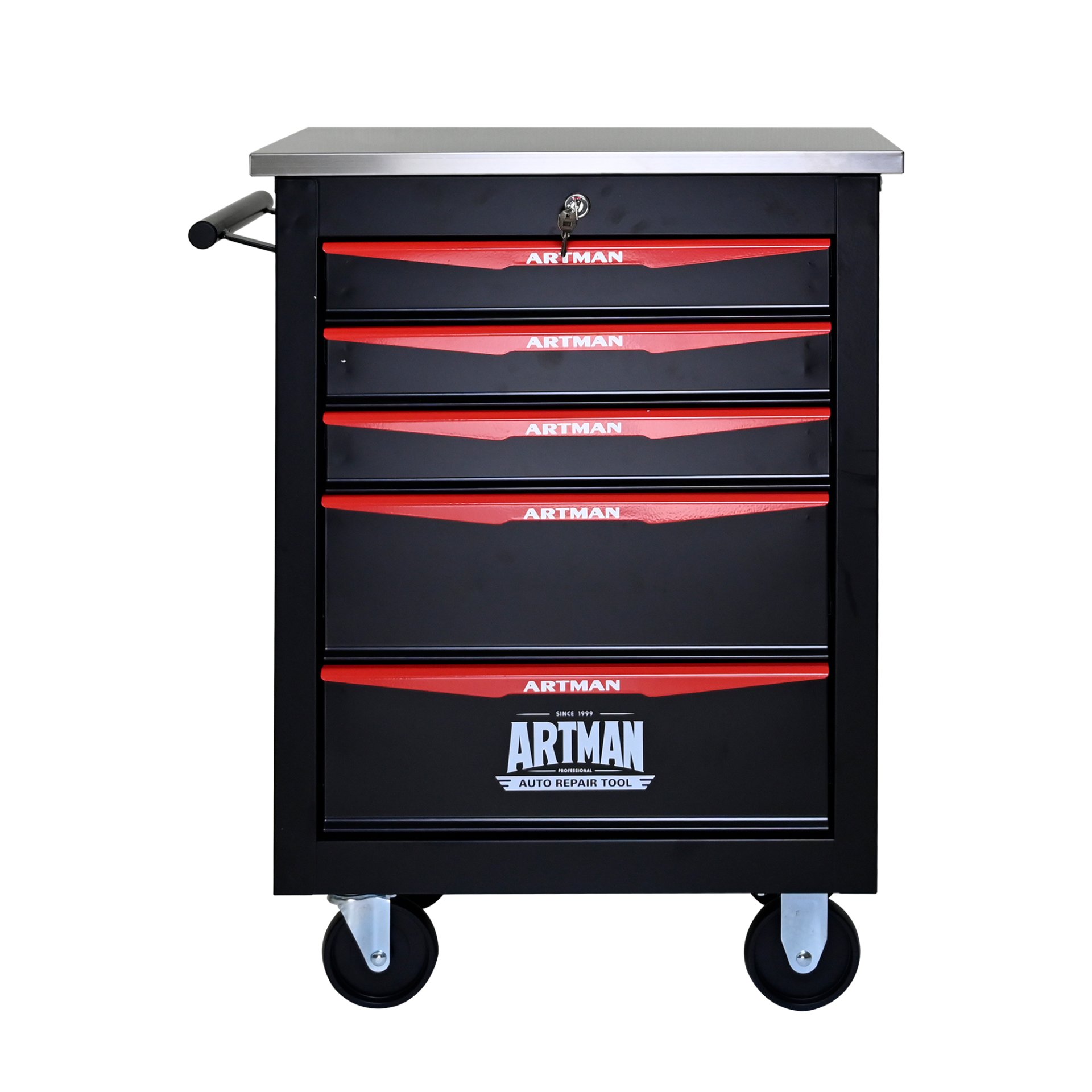 5 Drawer Multifunctional Tool Cart With Wheels, Metal Rolling Tool Cart Storage For Garage Workshop Warehouse Repair Shop With Stainless Steel Roof - Black / Red - Image 11