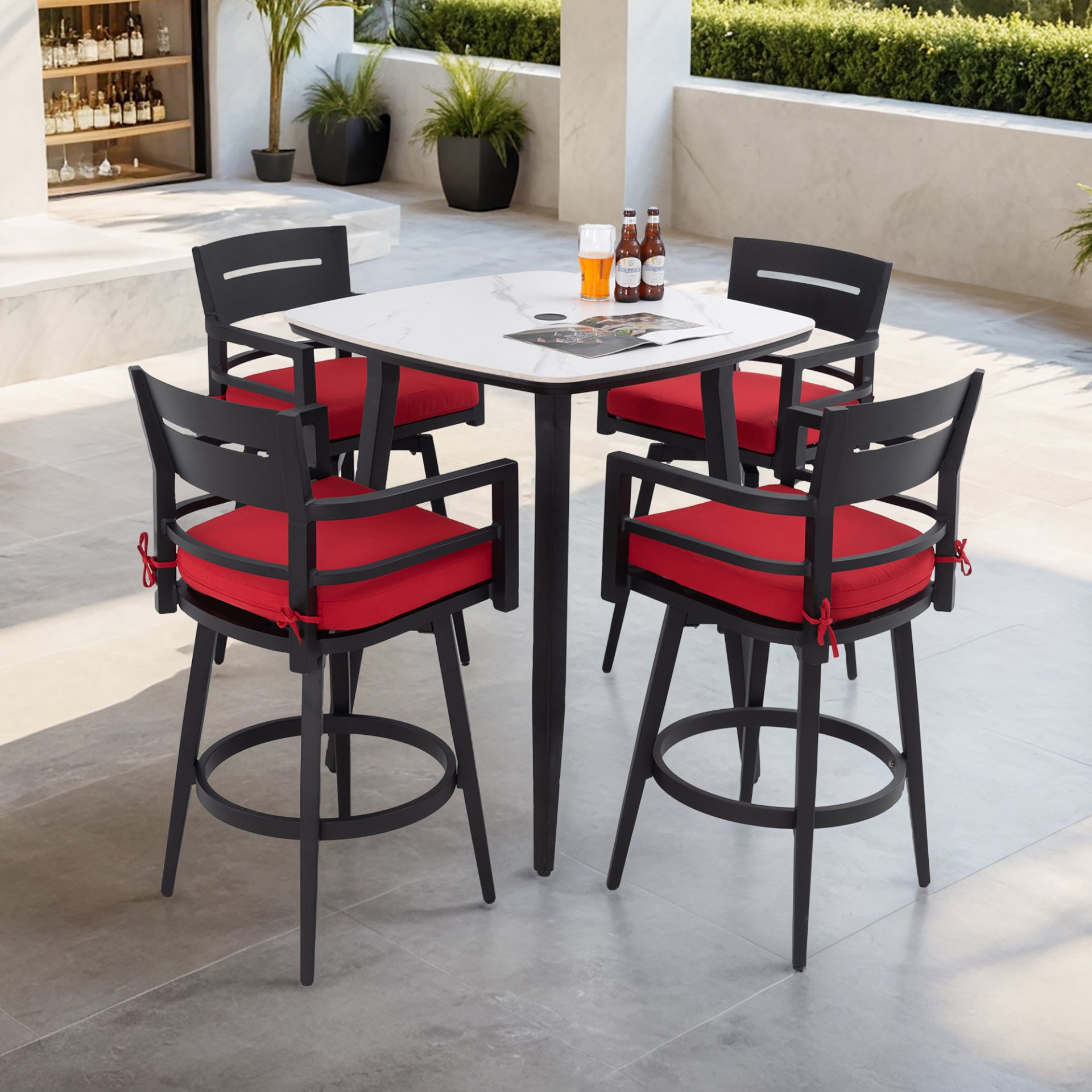 5 Pieces Outdoor Patio Bar Set, Rounded Square Table & 4 Swivel Bar Chairs - Ember Black Frame / Greek White Marble-Inspired Sintered Stone - Image 2