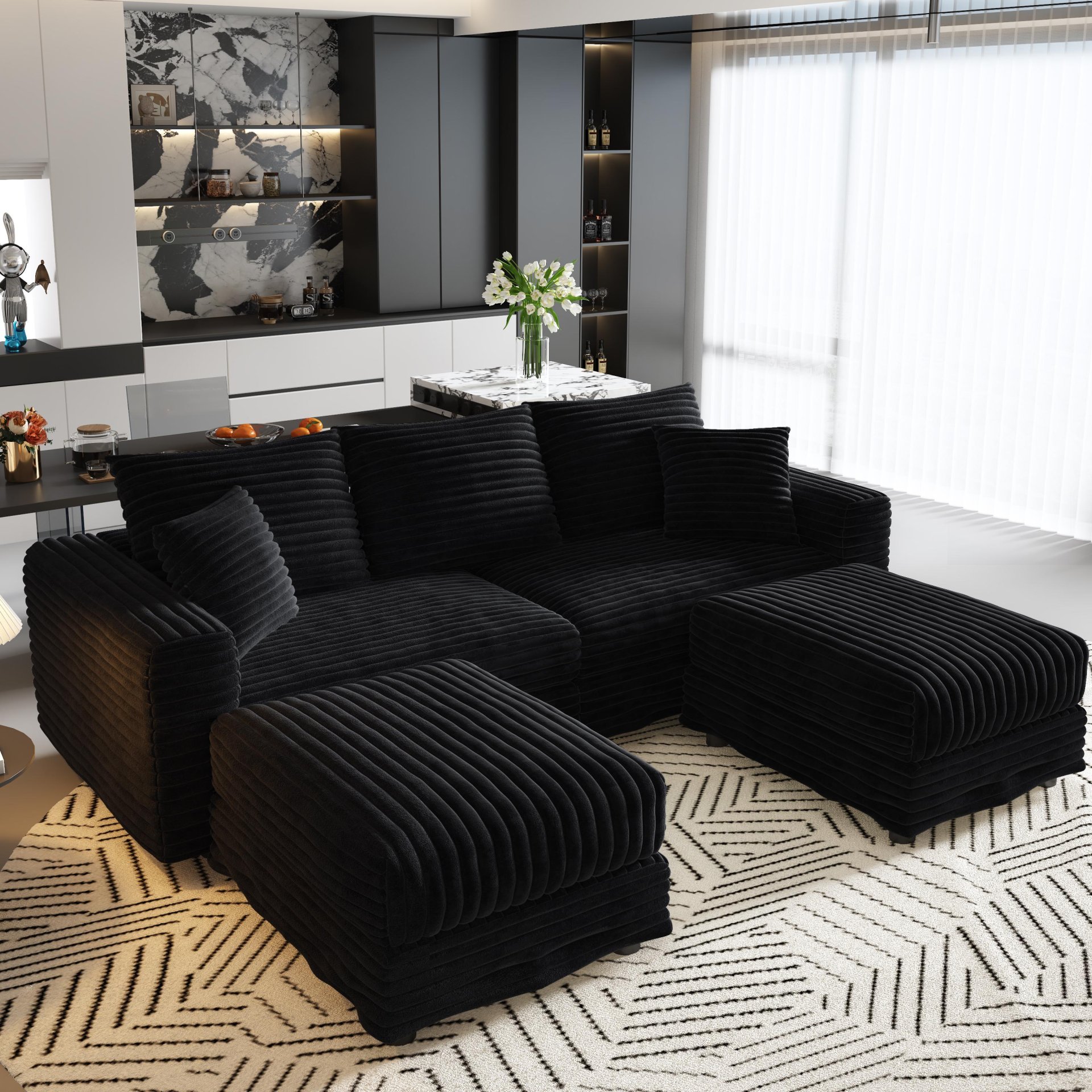 3 Seat Sofa, Deep Seat Couches With Soft Pillows And 2 Ottomans, Convertible Sofa Lounge Chair, For Living Room - Black - Image 17