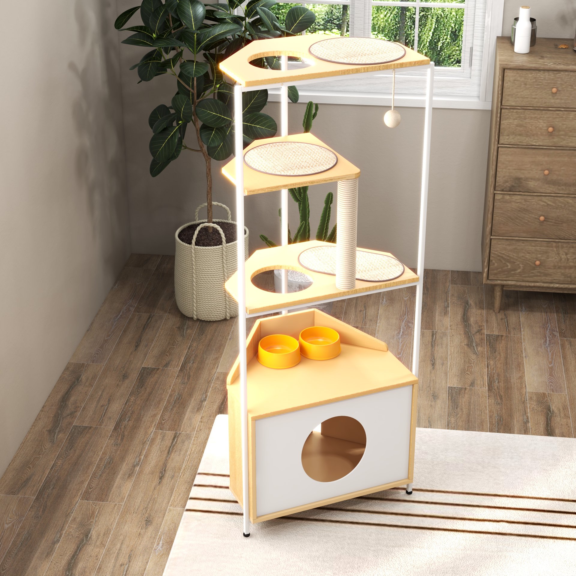 Corner Cat Tower, Cat Tree With Scratching Post, Cat Condo With Feeding Station And Climbing Platforms, Pet Furniture For Indoor Cats - White / Light Oak - Image 10