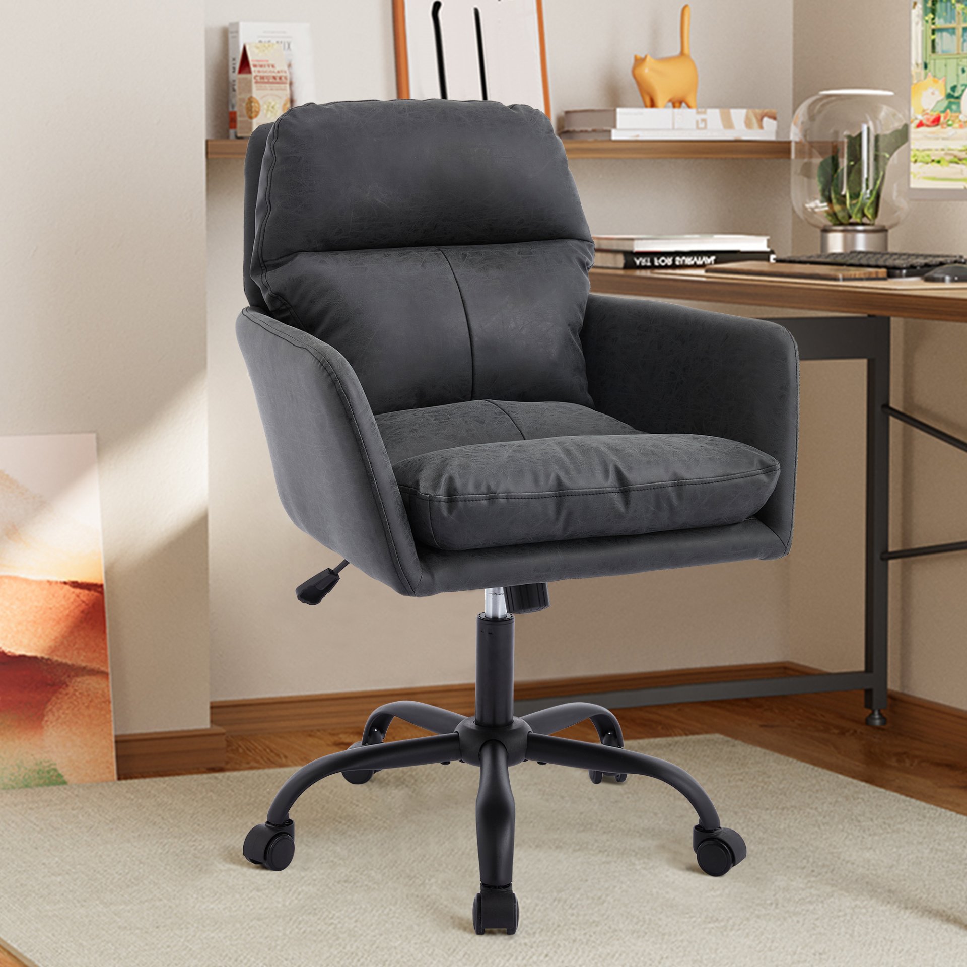 Adjustable Office Chair, Ergonomic Swivel Chair Leather, Comfortable For Long Sitting, Versatile Home And Office Use - Black - Image 4