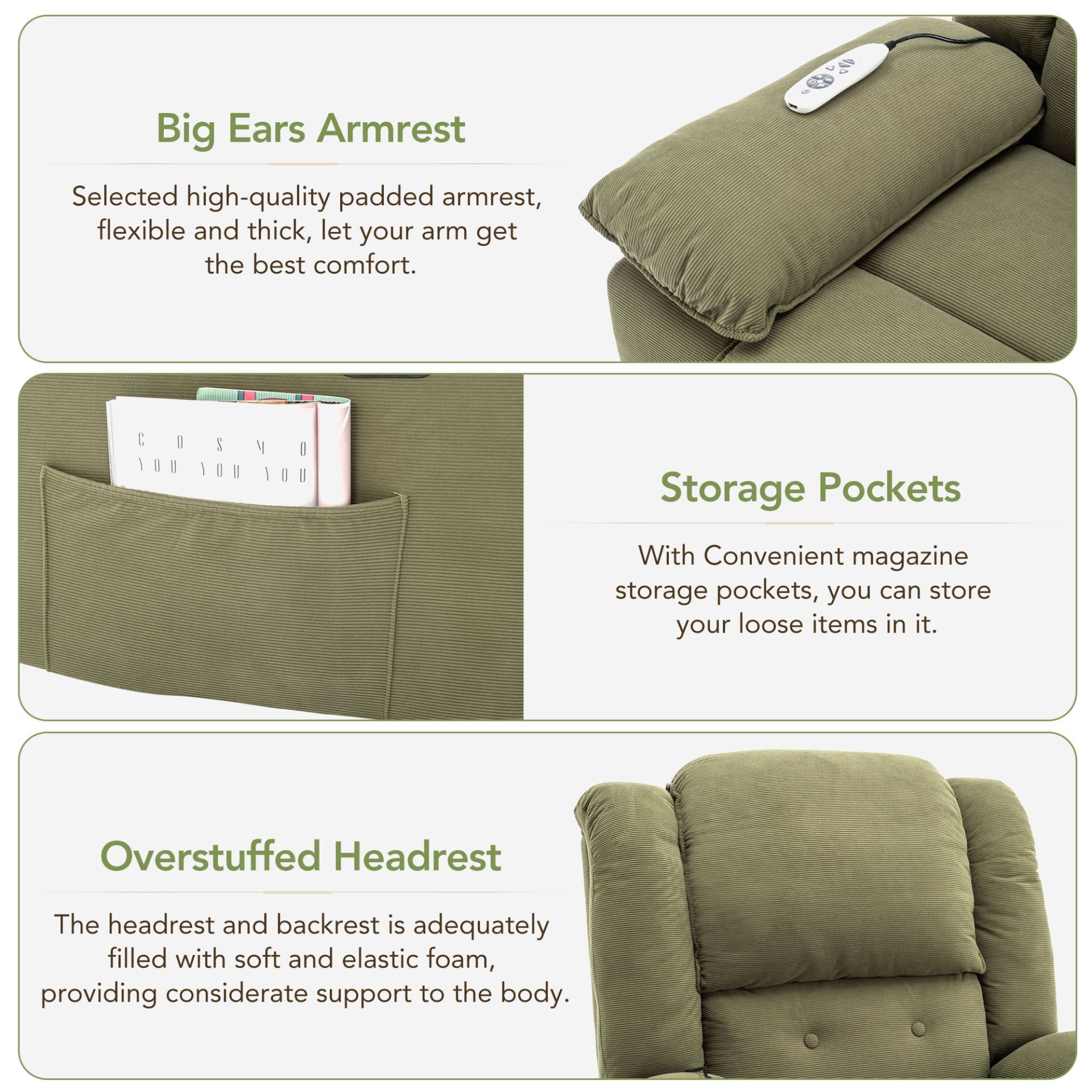 Massage Recliner, Power Lift Chair & Adjustable Massage And Heating Function, Recliner Chair With Infinite Position And Side Pocket For Living Room - Green - Image 6