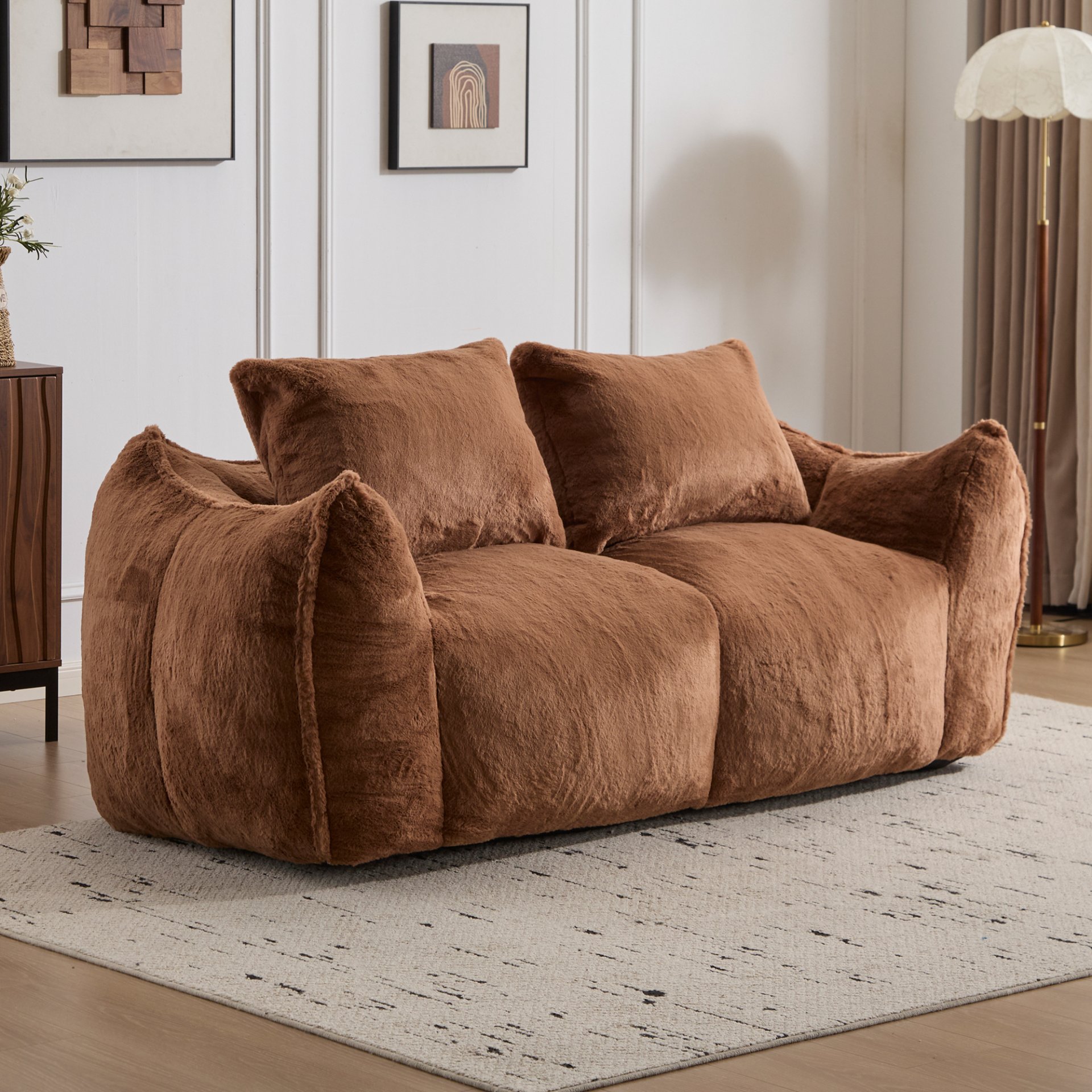 Giant Bean Bag Couch, Ultra Soft Fluffy Loveseat For Living Room Reading Chair With Pillows - Brown - Image 2
