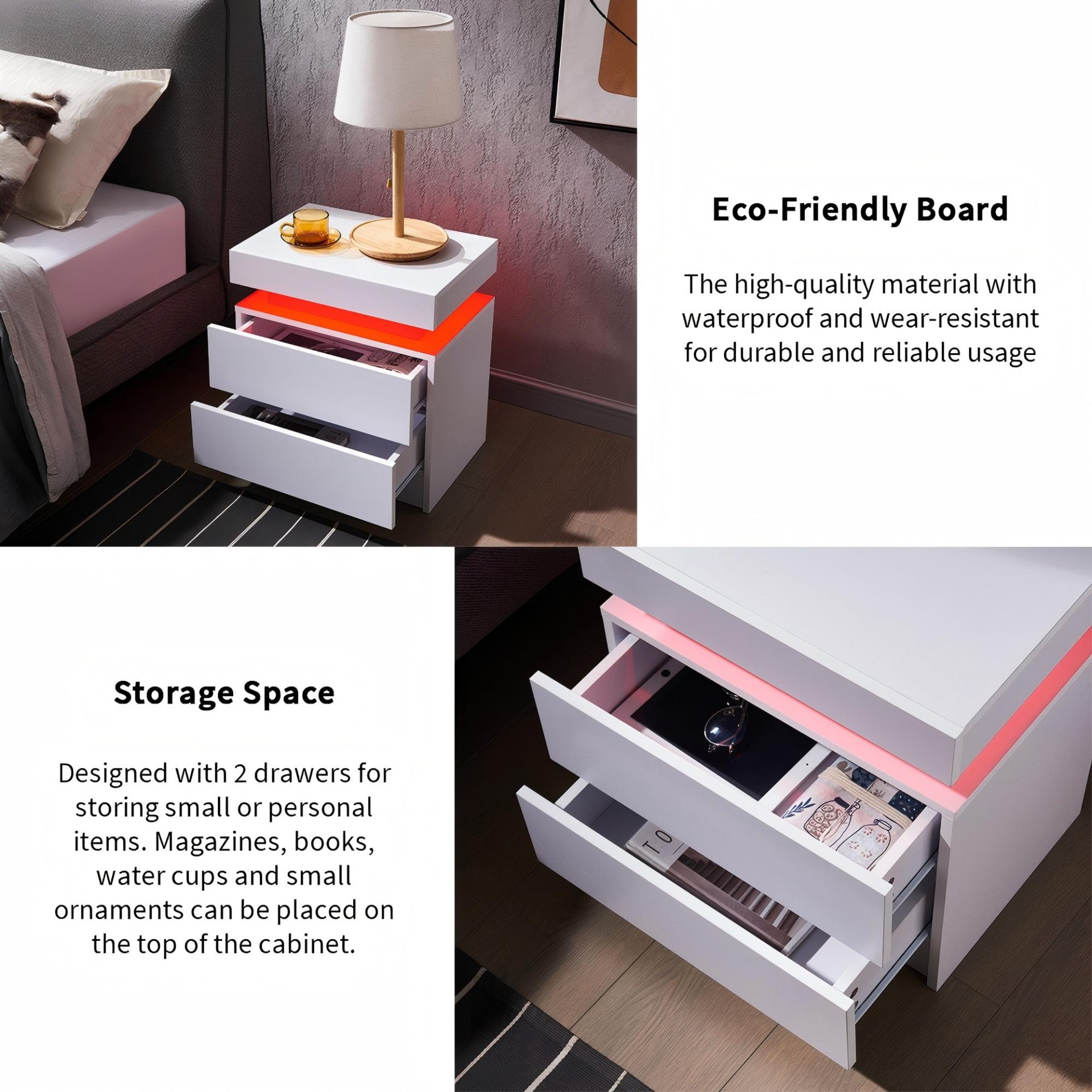 Modern LED Bedside Table Cabinet With Adjustable Lights And 2 Drawers - White - Image 4
