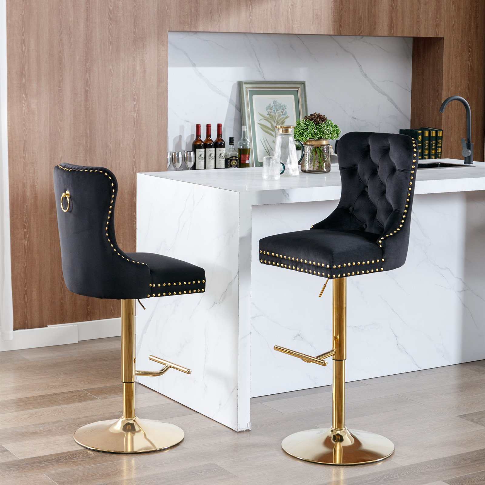 Thick Golden Swivel Velvet Barstools Adjusatble Seat Height From 27-35", Modern Upholstered Bar Stools With Backs Comfortable Tufted For Home Pub And Kitchen Island (Set of 2) - Black - Image 19