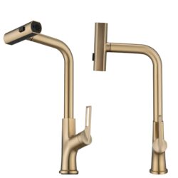 Kitchen Waterfall Faucet With Pull Down Sprayer, Single Handle, 360 Degree Rotating Zinc Alloy - Brushed Gold
