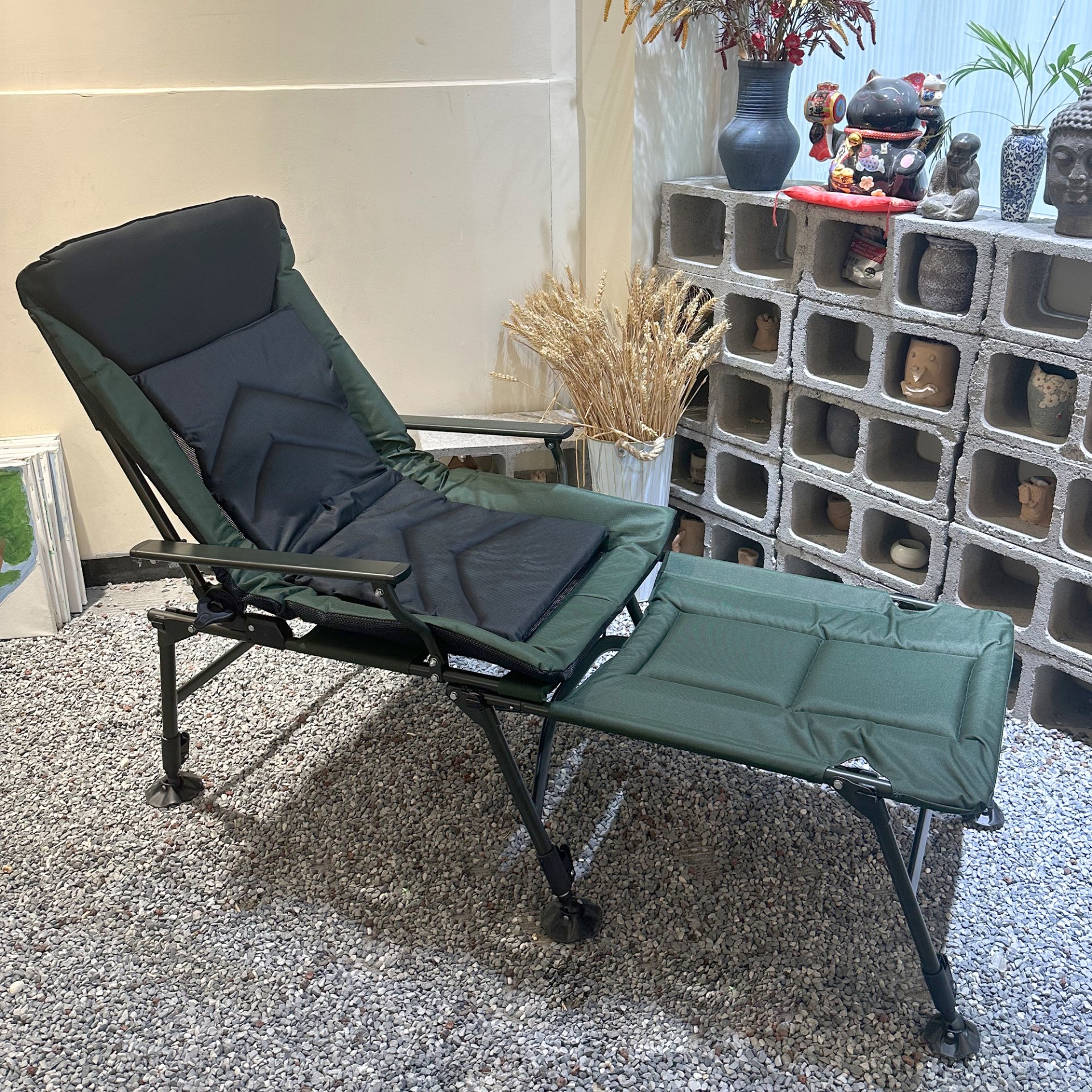 Camping Lounge Chair With Detachable Footrest, Portable Folding Reclining Camping Chair With Adjustable Backrest For Indoor And Outdoor Camping Beach Hiking Fishing - Green / Black - Image 7