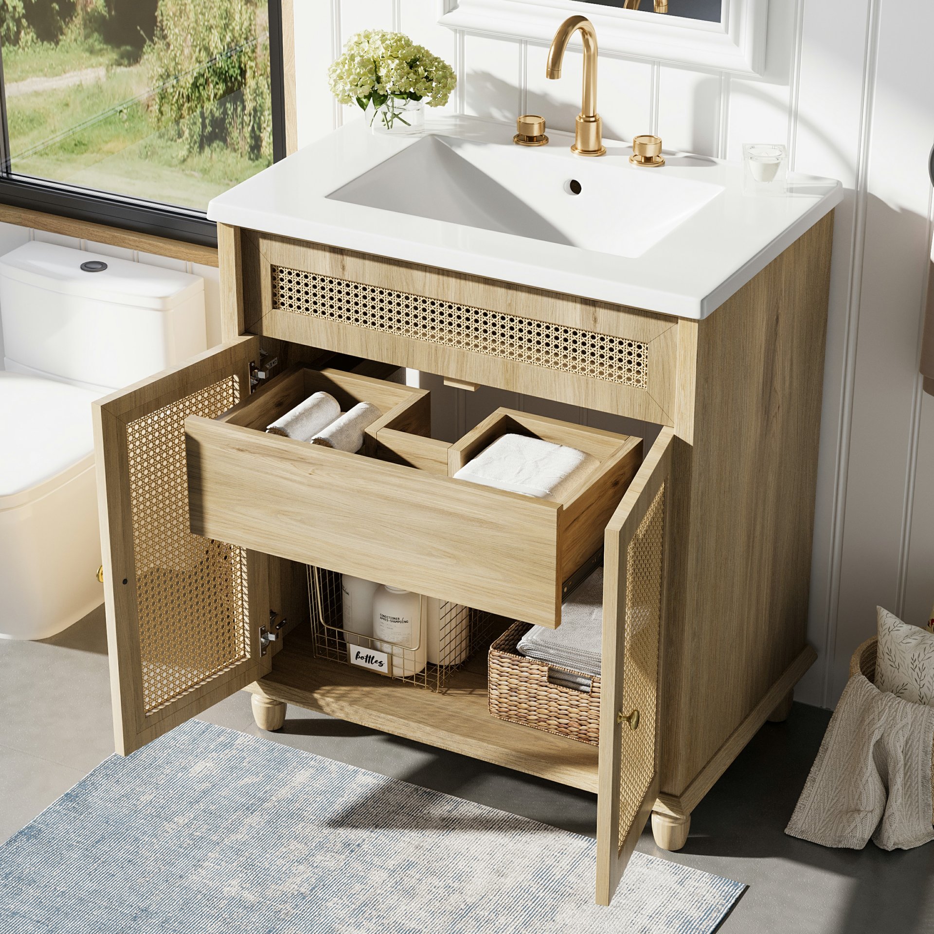 Bathroom Vanity With Handwoven Rattan Doors, Resin Basin - Natural Wood - Image 5