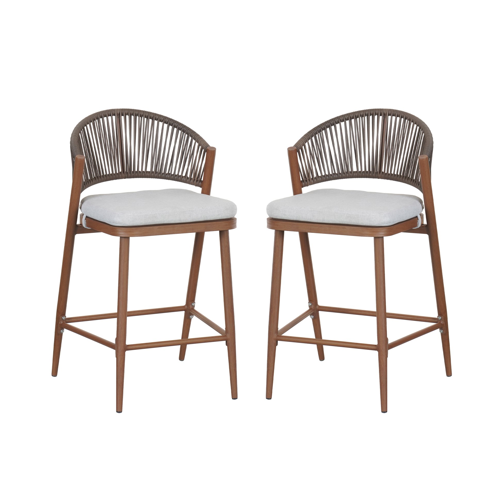 Outdoor Counter Height Aluminum Frame Counter Stools With Scallop Shaped Backrest & Water Resistant Cushions (Set of 2) - Teak - Image 6