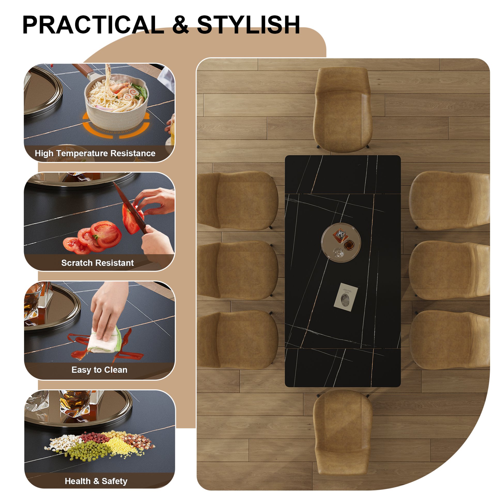 Retractable Dining Table Set With Carbon Steel Legs And Cross Leg Structure, Table And 8 Chairs - Black - Image 8