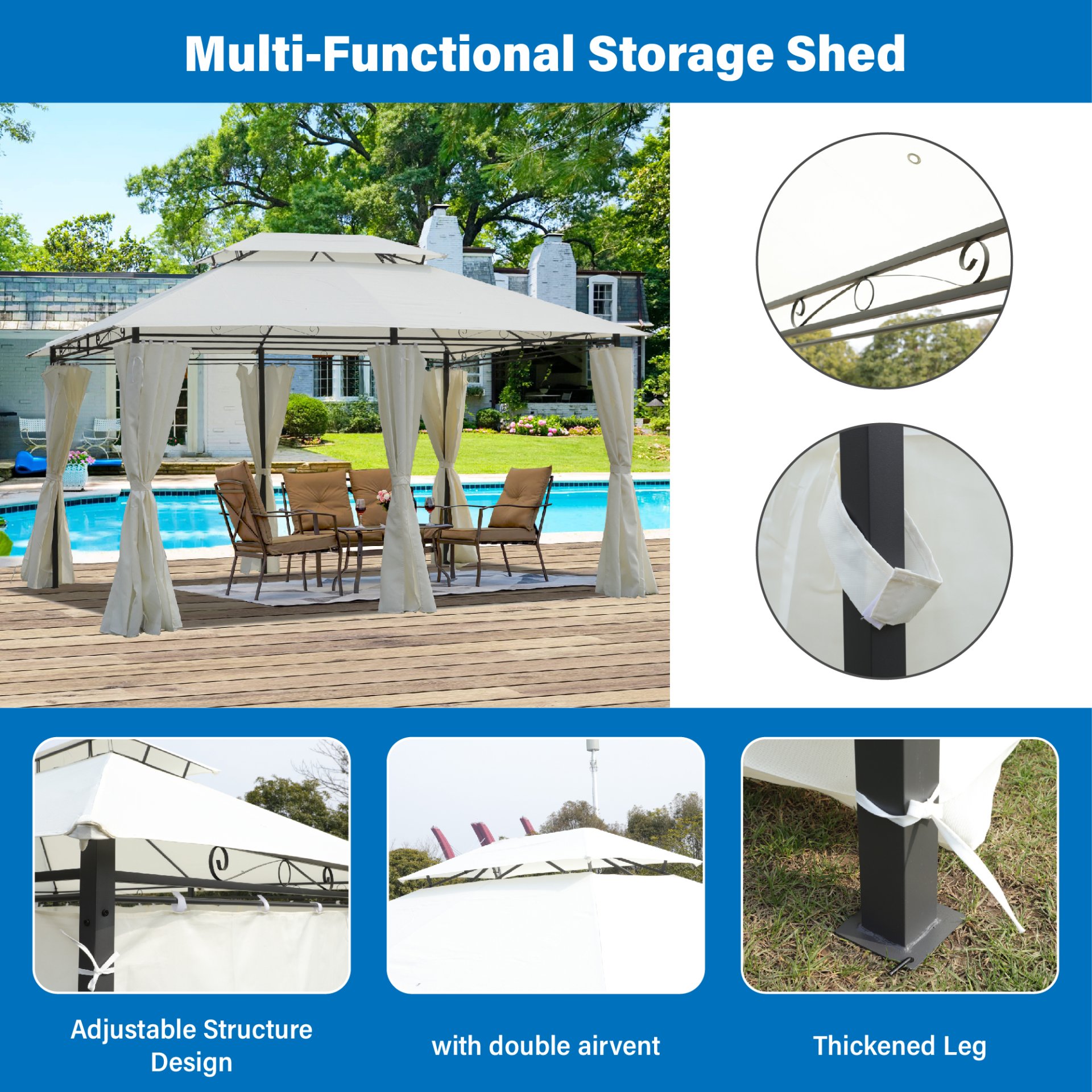 13 X 10 Outdoor Patio Gazebo Tent With Ventilated Double Roof And Sidewall (Detachable Curtains On All Sides), For Lawn, Garden, Backyard, And Deck - Beige - Image 17