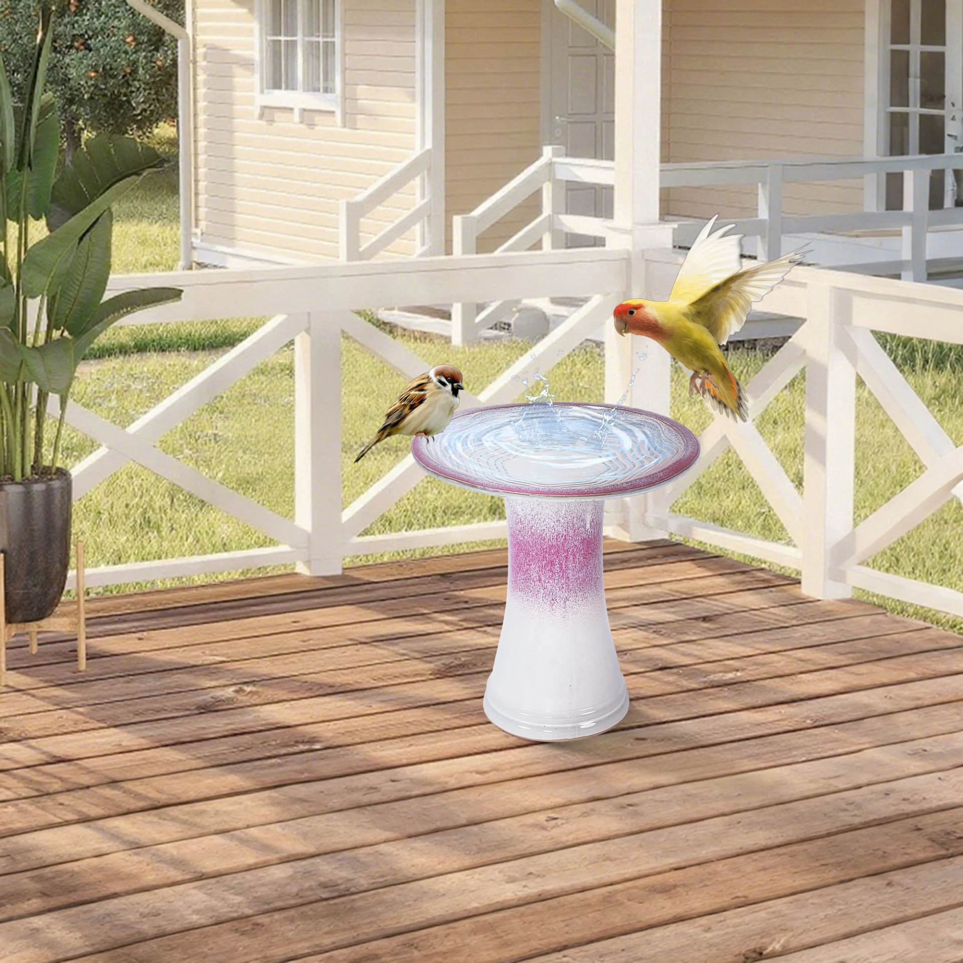 Birdbath For Patio, Garden - White / Pink - Image 2